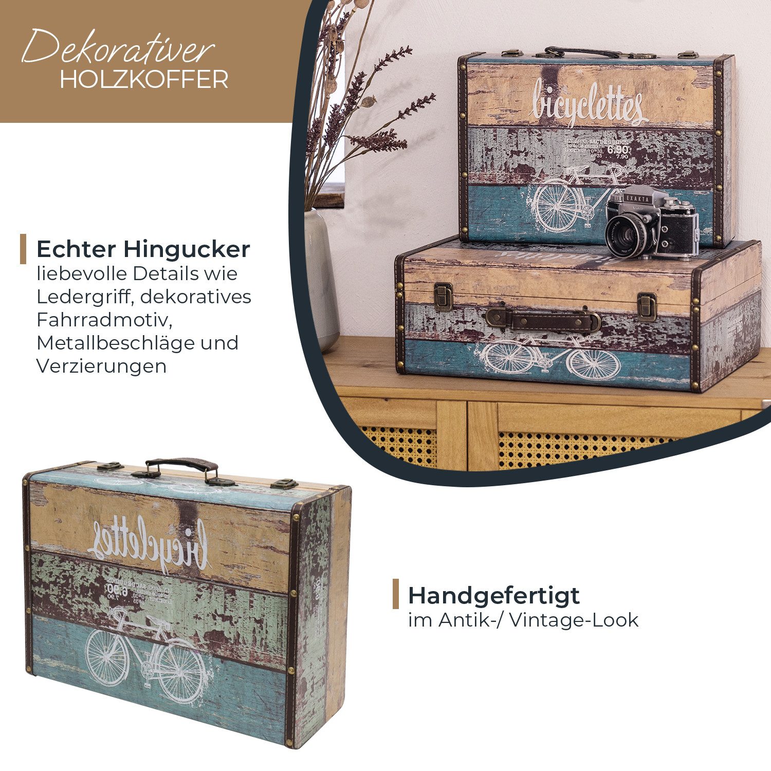 HMF Aufbewahrungsbox Handgefertigter Vintage Koffer aus Holz, Deko Koffer, Geschenkkoffer im Fahrrad Design, 44 x 32 x 16 cm