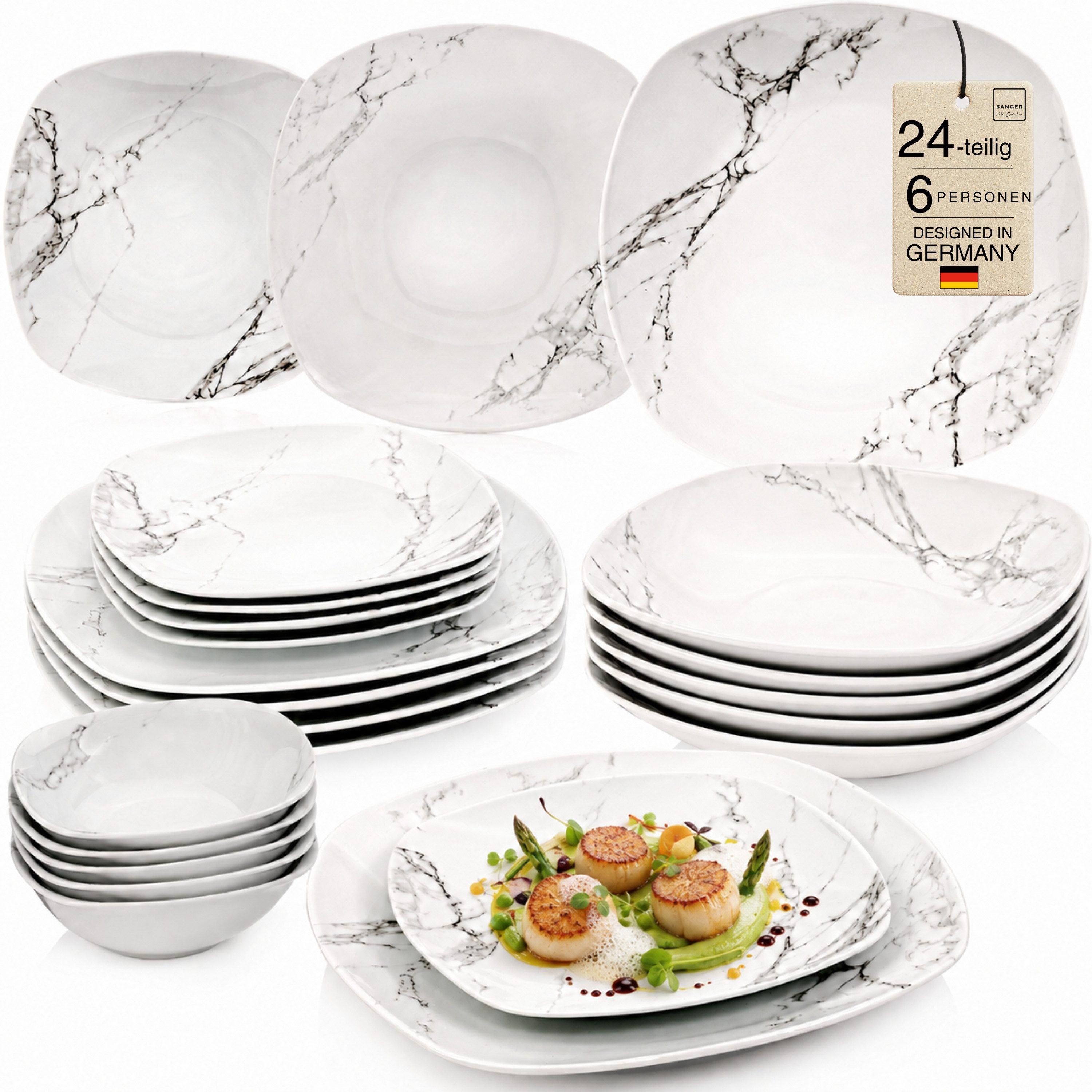 SÄNGER Tafelservice Bilgola Marmor, Weiß (24-tlg), 6 Personen, Porzellan, weiß, VALUE COLLECTION
