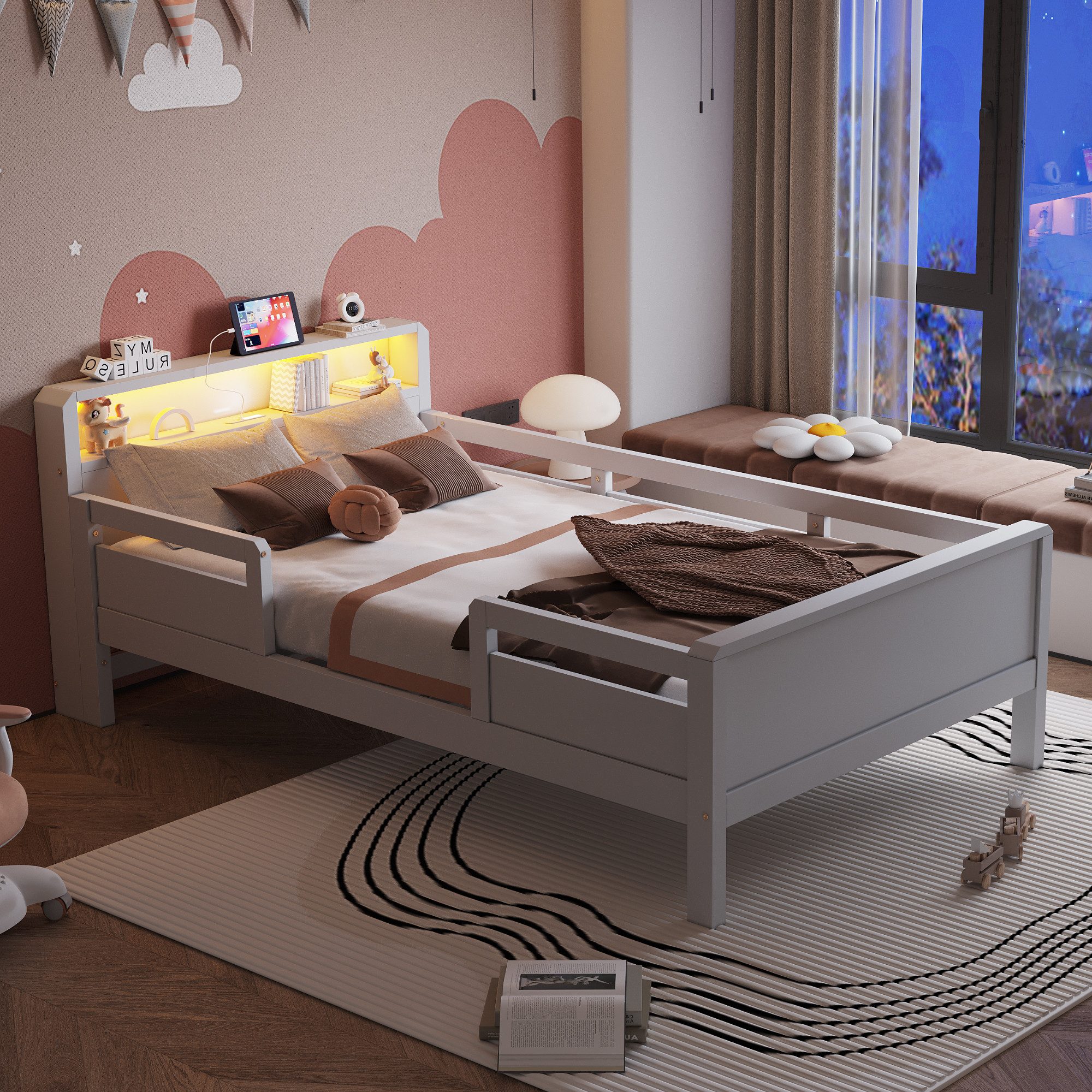 Flieks Kinderbett, Holzbett Einzelbett 90x200cm mit LED-Licht und Aufladen- günstig online kaufen