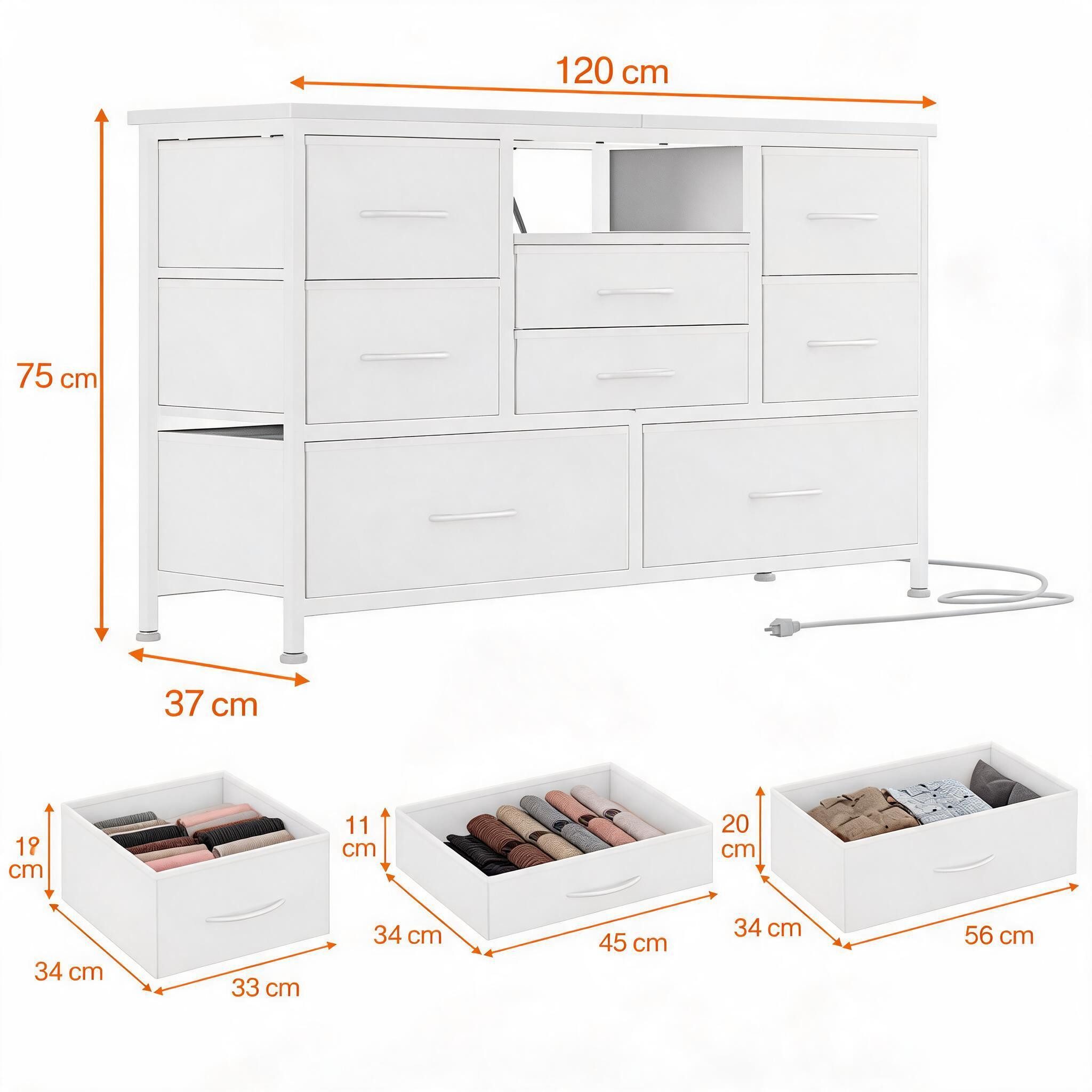 GarveeMore TV-Schrank Breites Sideboard Mehrzweckschrank Kommode mit 8 tiefen Schubladen Media-Board Stauraumschrank mit Steckdose, USB-Anschluss und RGB-LED