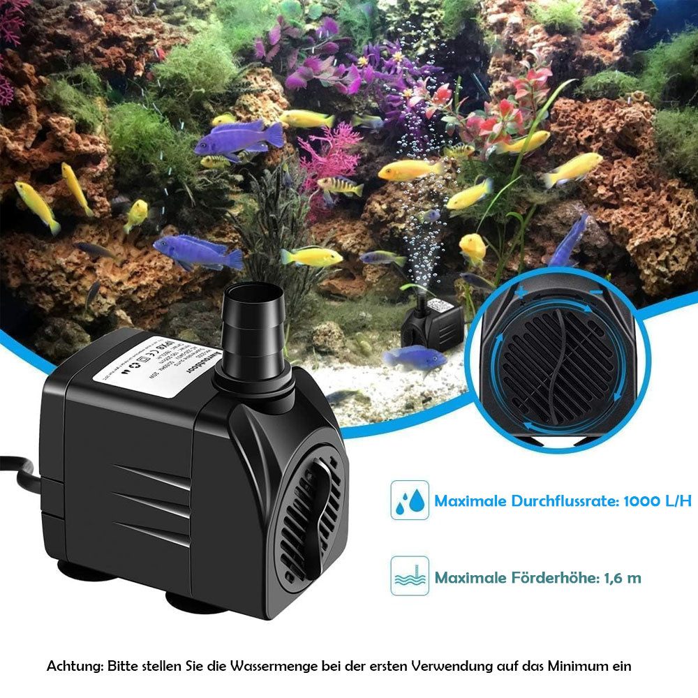 TUWENA Springbrunnenpumpe Mini Wasserpumpen(1000L/H,15W),Ultra Leise Aquarium Pumpe mit Hohe Hub, Brunnenpumpe mit 1,5m Netzkabel,1 Düsen für Aquarien,Teich,Hyd – Bild 3 von 5