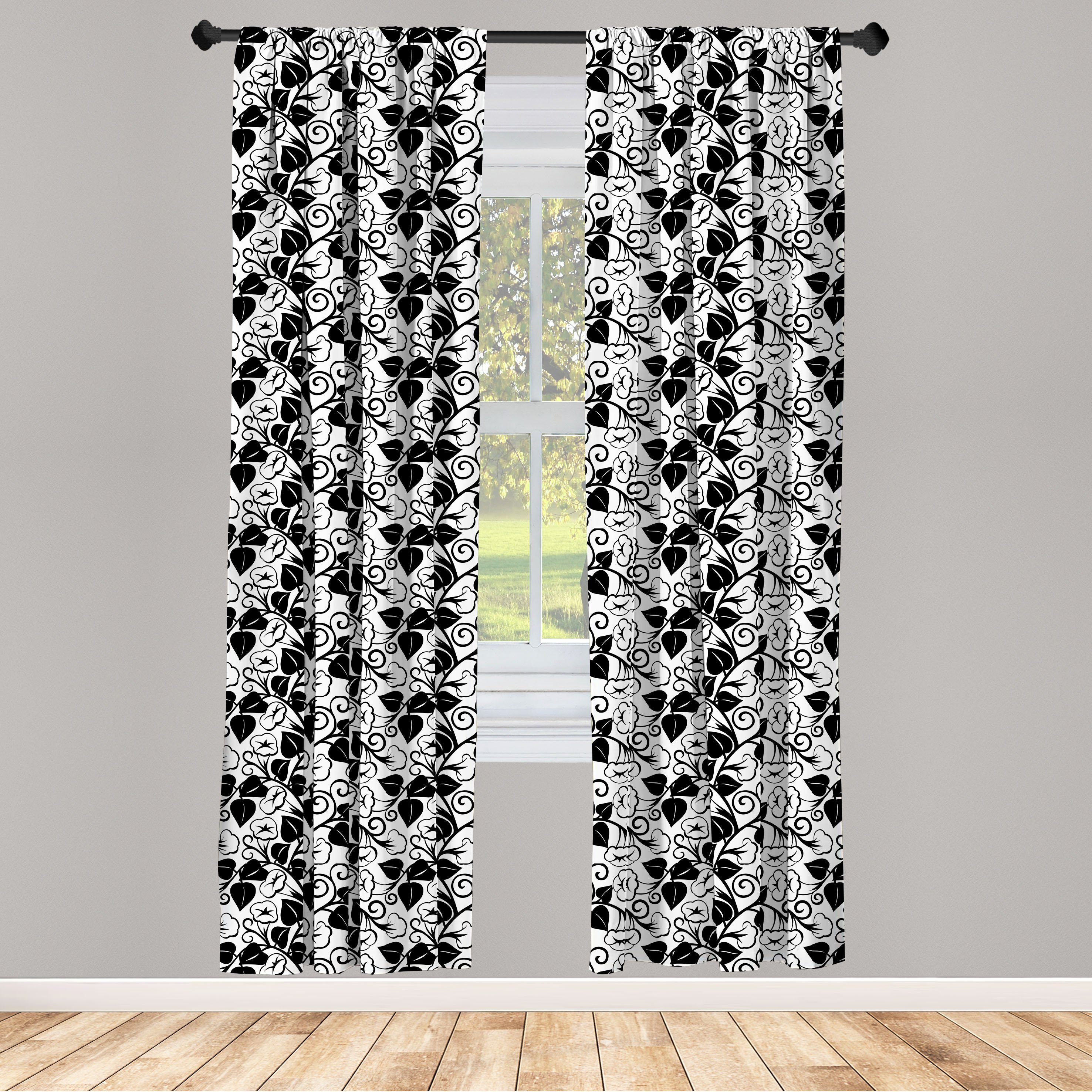 Gardine Vorhang für Wohnzimmer Schlafzimmer Dekor, Abakuhaus, Microfaser, Schwarz und weiß Rebe-Blumen