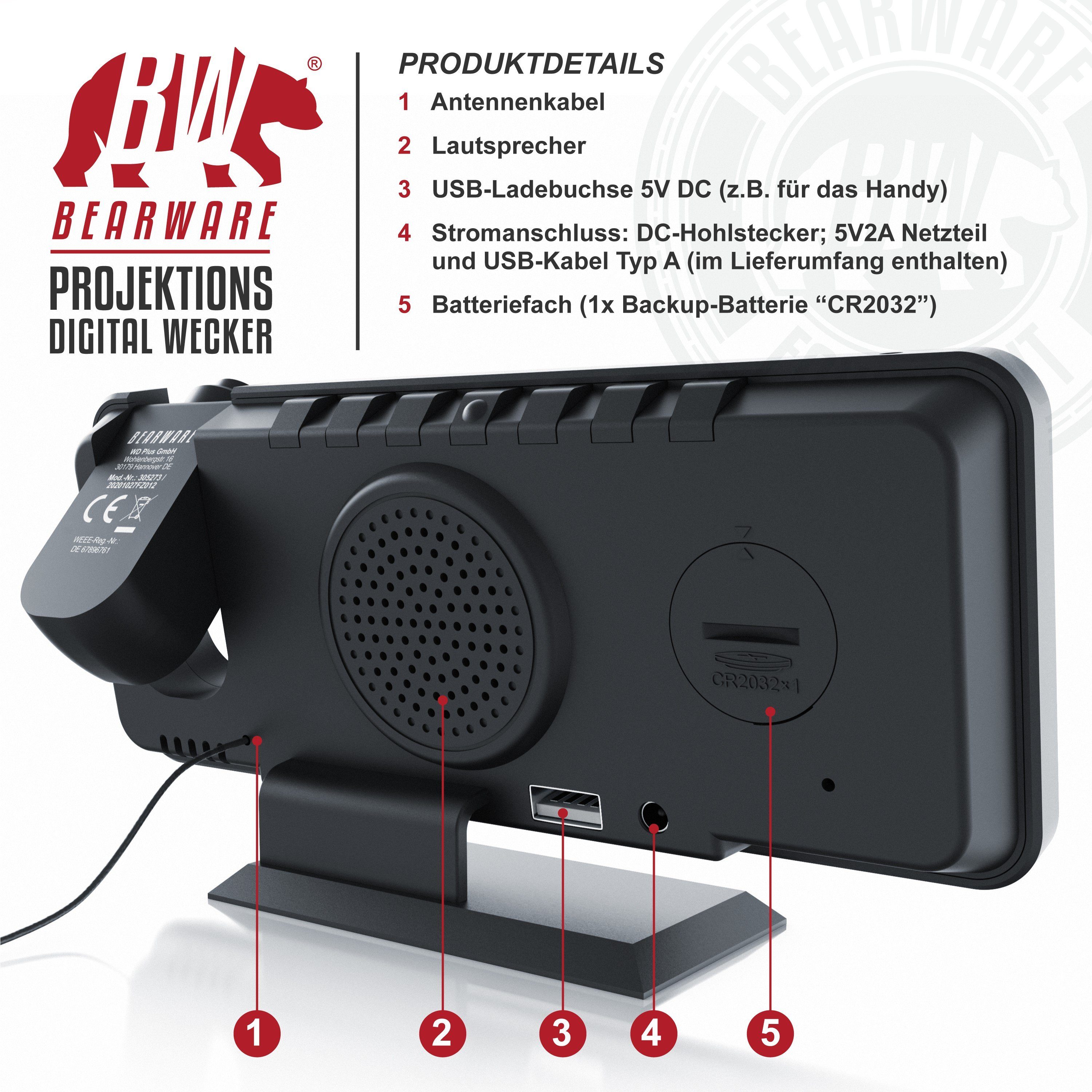 CSL Radiowecker Projektions Wecker Digital, Autodimmer, Dual-Alarm 12 / 24h & USB Projektionswecker, Radio, Temperatur & Luftfeuchtigkeitsanzeige