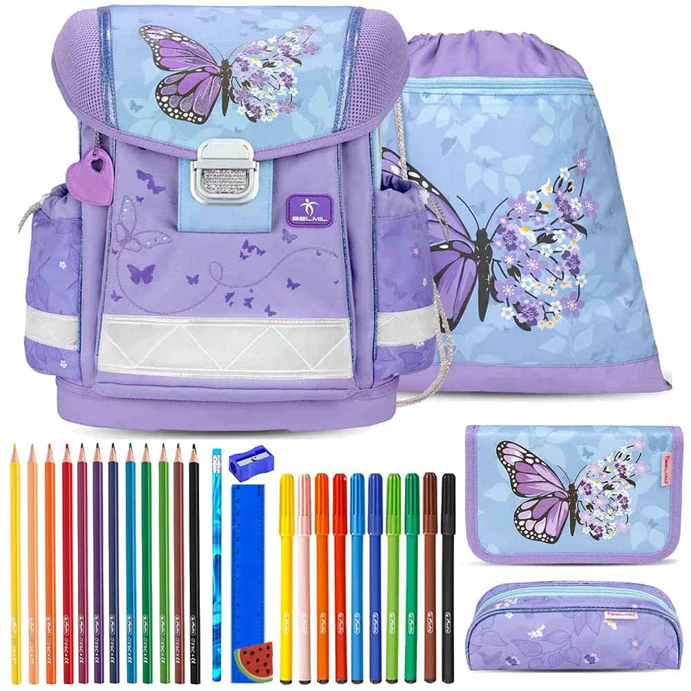 Belmil Schulranzen Set Classy 10-teilig 2025 Mädchen Purple Blue Butterfly