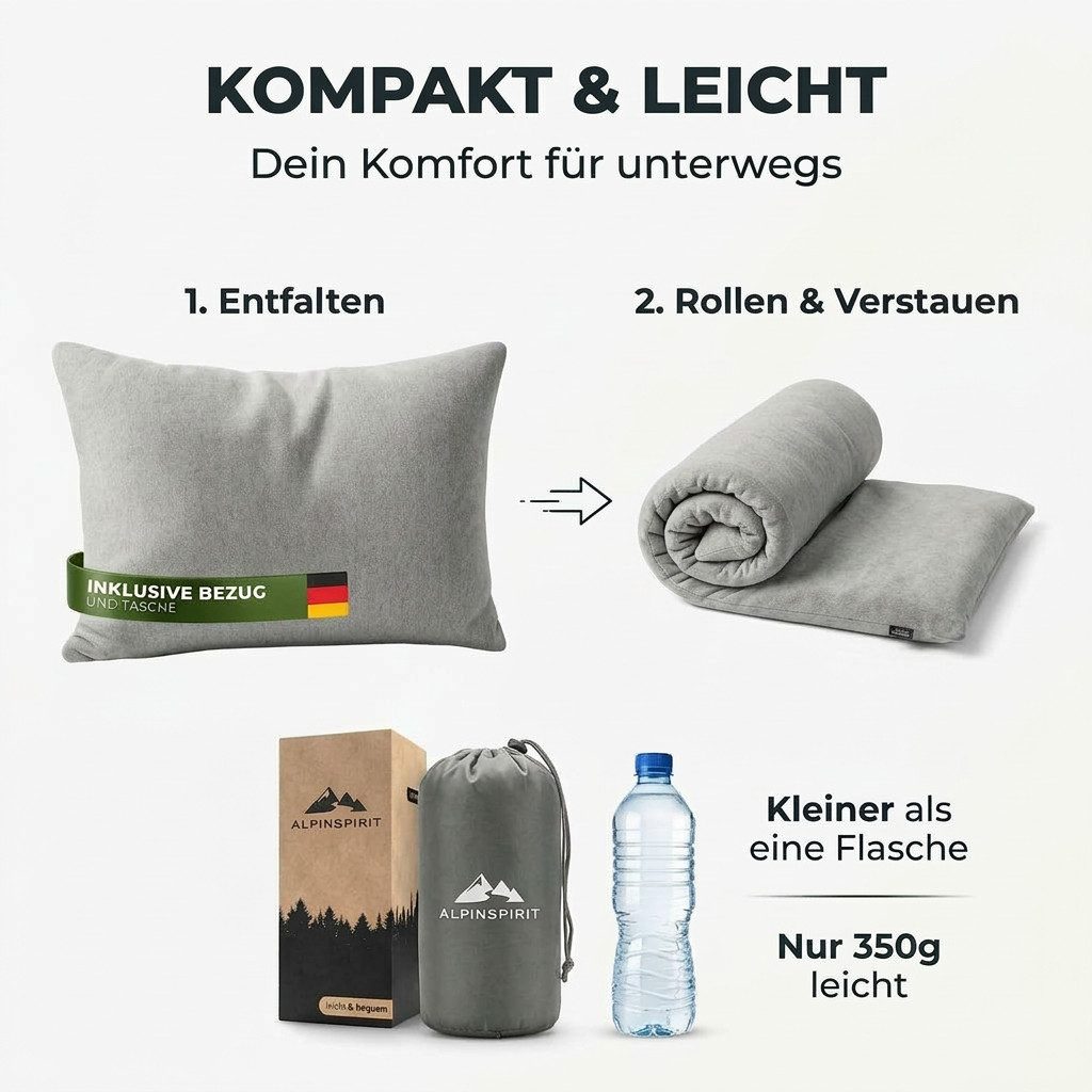 AlpinSpirit Reisekissen AlpinSpirit Camping und Reisekissen [100% Baumwollbezug] waschbar, Atmungsaktiv, Memory Foam Füllung, kleines Packmaß, Travel Pillow