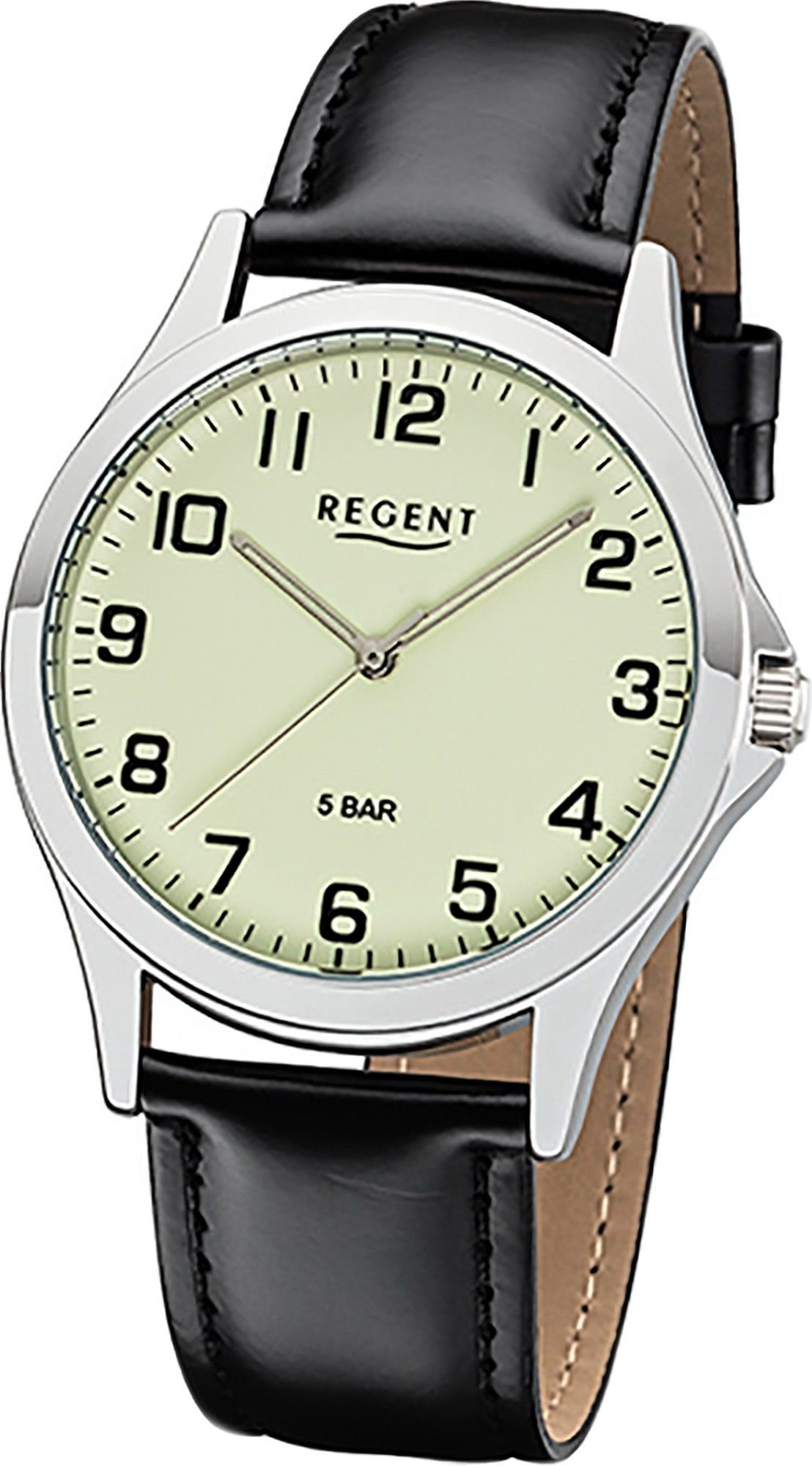 Regent Quarzuhr Regent Leder Herren Uhr 1112426 Analog, Herrenuhr Lederarmband schwarz, rundes Gehäuse, mittel (ca. 39mm)