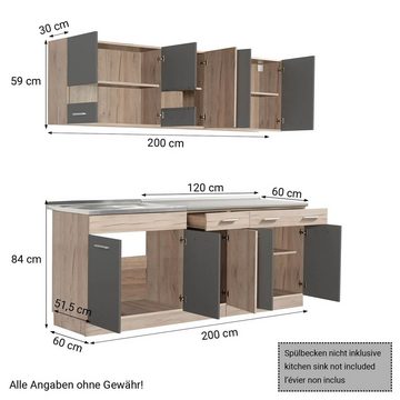 Homestyle4u Küchenzeile 200 cm ohne Geräte Grau matt Eiche Singleküche Küchenschränke Glas