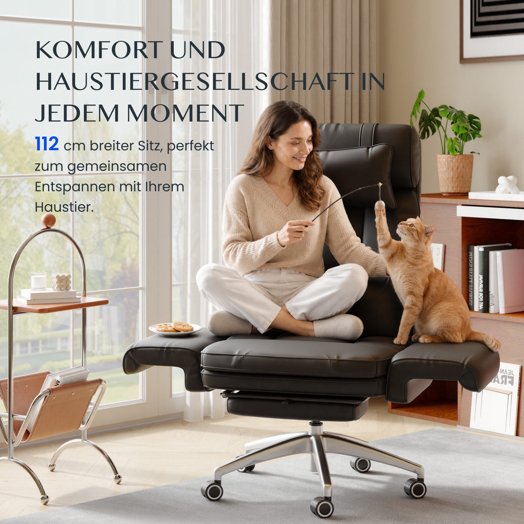 FLEXISPOT Stuhl Haustierfreundlicher Bürostuhl Chefsessel mit 180° Klapparmlehnen (Erweiterbare Sitzfläche bis 112 cm, kratzfestem Katzenkrallenleder, Fußstütze – Bild 4 von 5