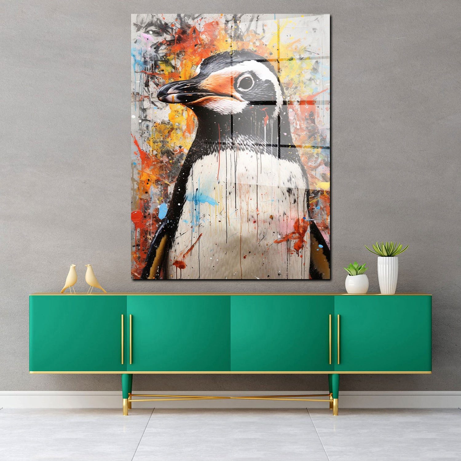 Artedinoi Acrylglasbild Pinguin Acrylglasbild Wandbild Abstrakt Bunt Tier Modern XXL, Ein kleiner Pinguin in farbenfroher, abstrakter Malweise.