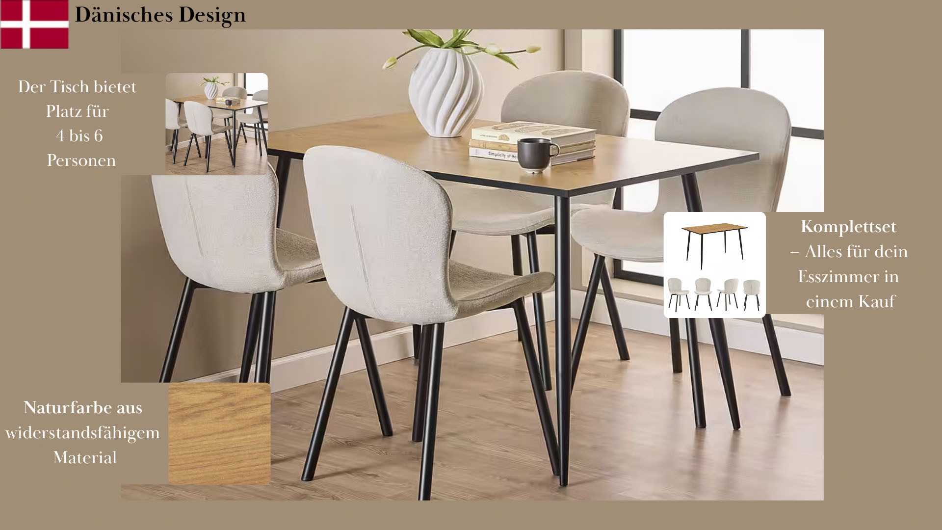 ACTONA GROUP Esszimmer-Set Esspruppe, Speisetisch mit Wohnzimmerstühlen, (Komplett-Set, 5-St., 1x Tisch + 4x Stuhle), Rechteckig Esstisch + 4x Stühle, Wildeiche Melamin, beige, 120x80x75cm