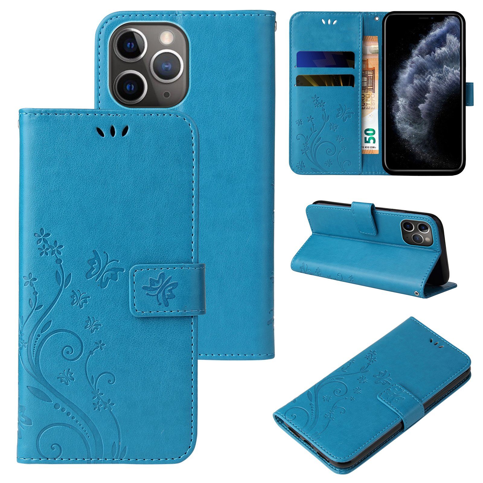 Tec-Expert Handyhülle Cover Tasche Hülle für Apple iPhone 11 Pro 5,8 Zoll, Klapphülle Case mit Kartenfach Fliphülle aufstellbar, Motiv Blumen