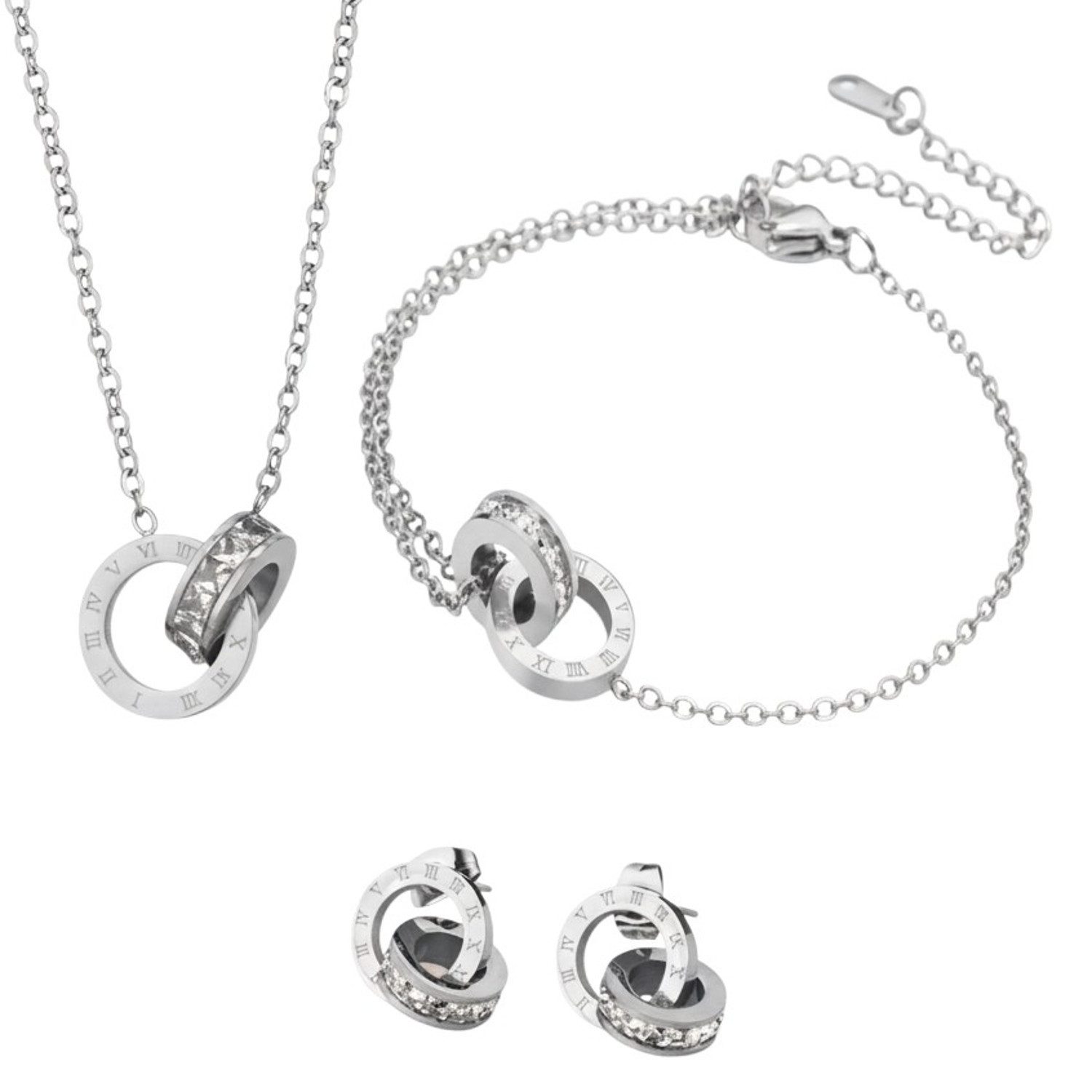 KARMA Schmuckset Damen Edelstahl Zirkone Gold od. Silber Kette Ohrstecker Armband (Set, 3-tlg., Geschenk für Sie wasserfest hypoallergen), in Schmuckbox verstellbare Halskette