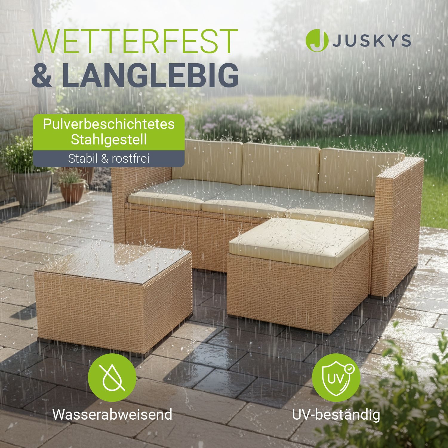 Juskys Gartenlounge-Set Punta Cana, (Set, Sitzgruppe), Polyrattan Sitzgarnitur mit 1 Tisch, 1 Sofa und 1 Hocker
