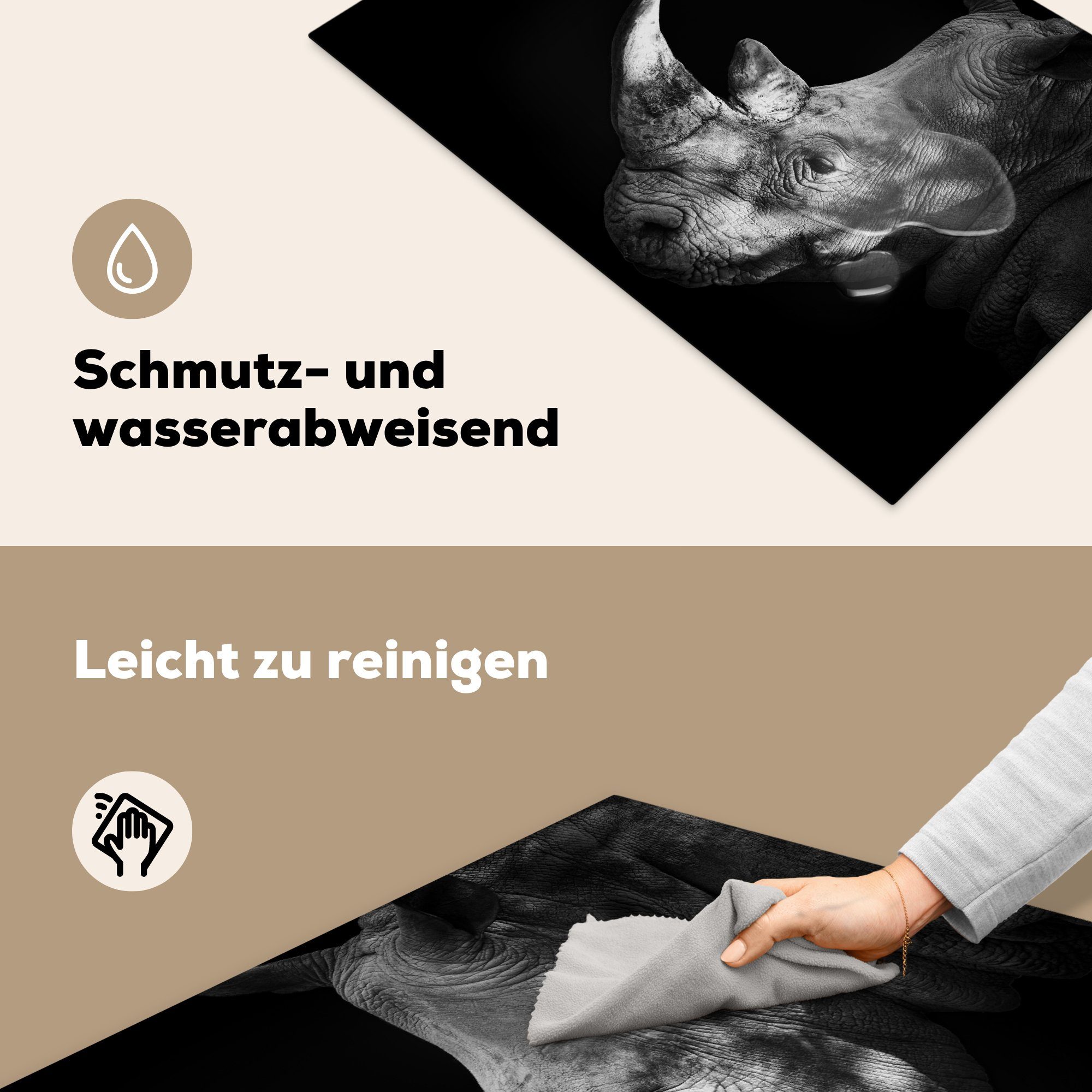 MuchoWow Schutz schwarzem Ceranfeldabdeckung Schwarzes und Hintergrund, Induktionskochfeld Nashorn die (1 auf 81x52 Herdblende-/Abdeckplatte tlg), küche, für weißes Vinyl, cm,