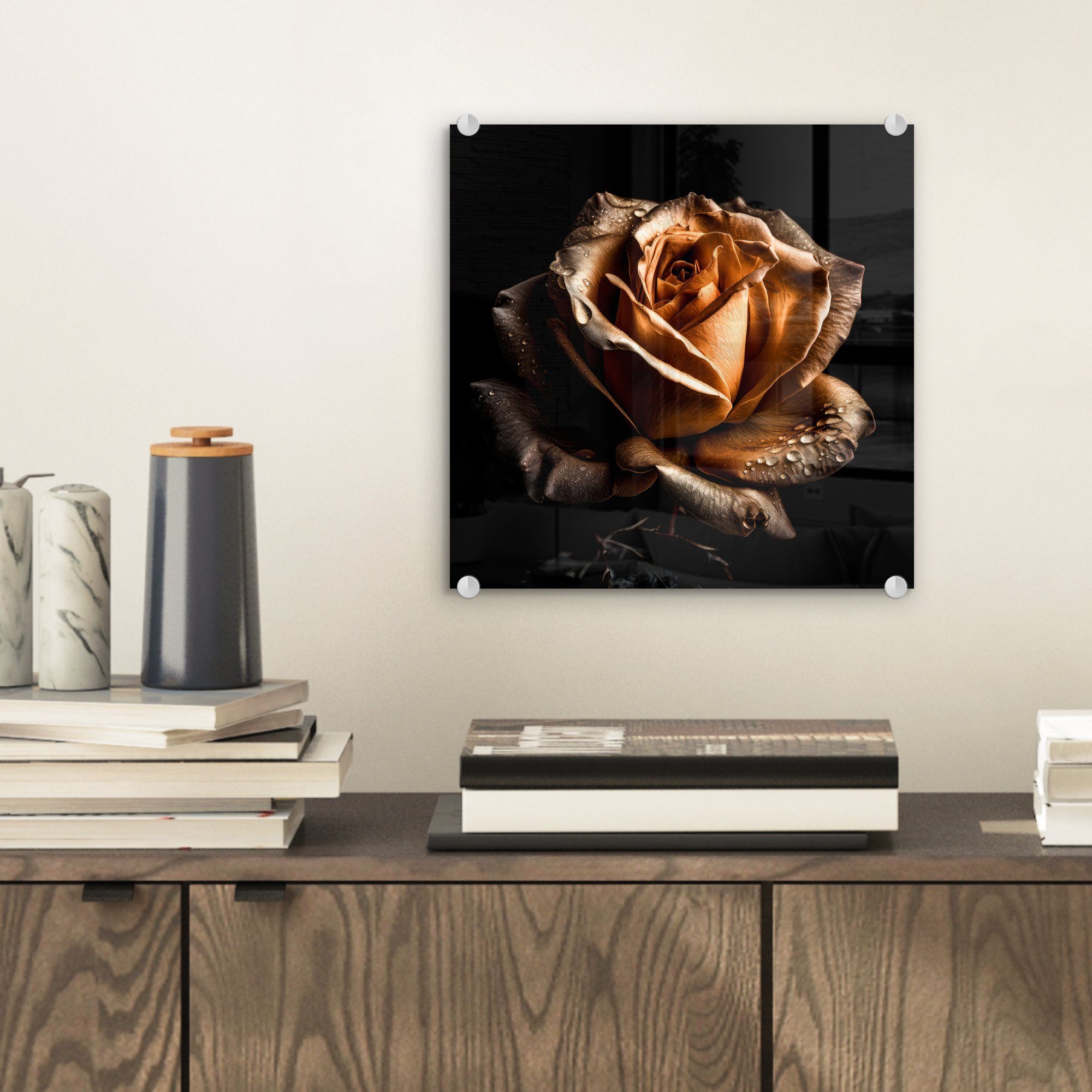 - Blumen Bilder Glasbilder MuchoWow Schwarz, - Wanddekoration Foto Gold Rose Glas - St), - Botanisch (1 auf Wandbild Glas Acrylglasbild - - auf