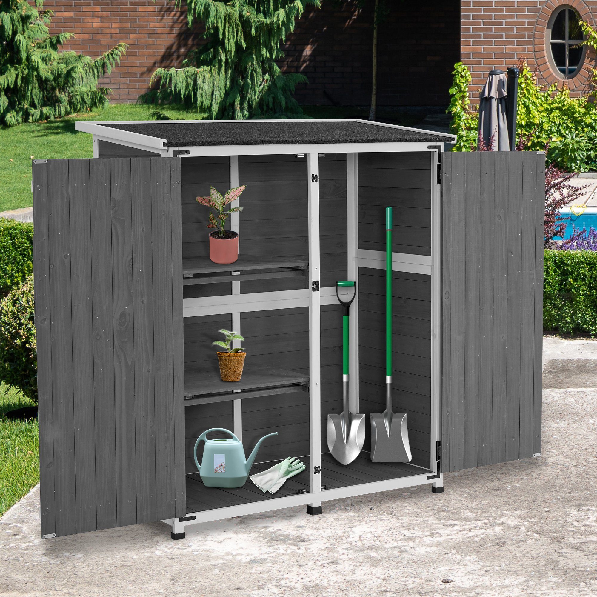 MCombo Gartenbox M MCombo Gartenschrank Klein 0707, Grau Wetterfest Außenbereich Outdoor Holz Gartenhaus 122×60×137cm