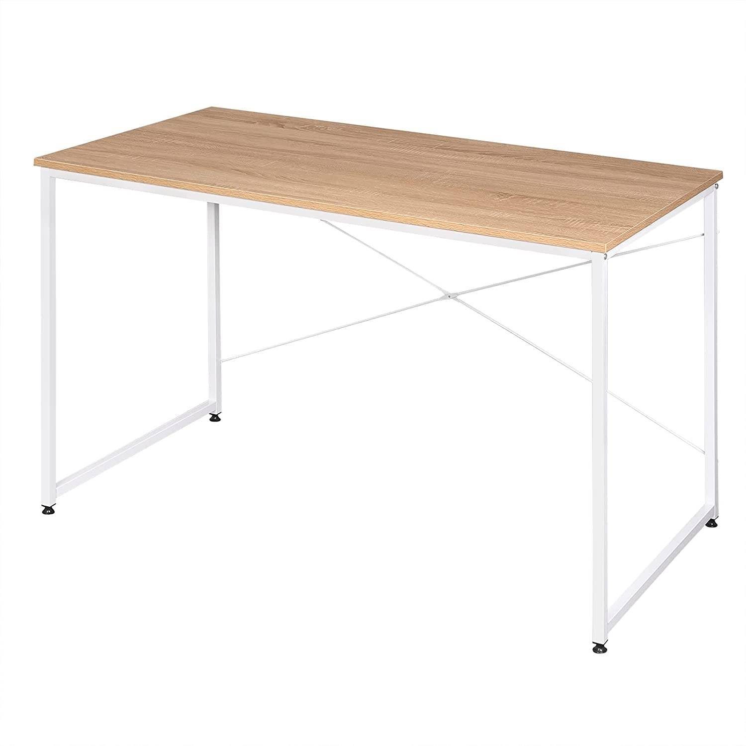 Woltu Schreibtisch (1-St), PC Tisch aus Holz und Stahl, ca.120x60x70 cm Weiss+hell Eiche