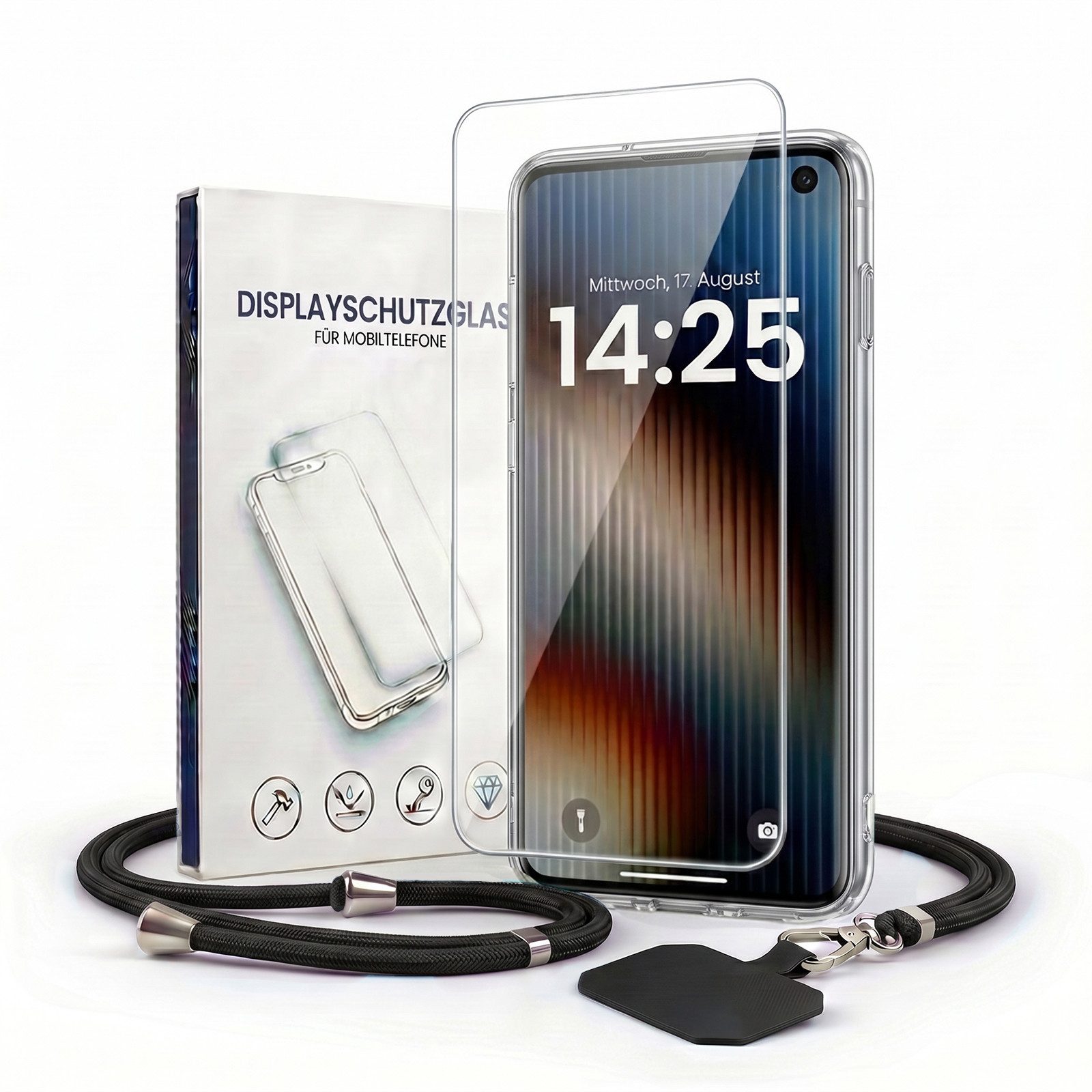 Handyhülle Handy Hülle Cover mit Trageband für Samsung Galaxy S10 6.1 Zoll, 6.1, Slim Case mit Handykette Handyband Umhängeband Lanyard 9H Glas