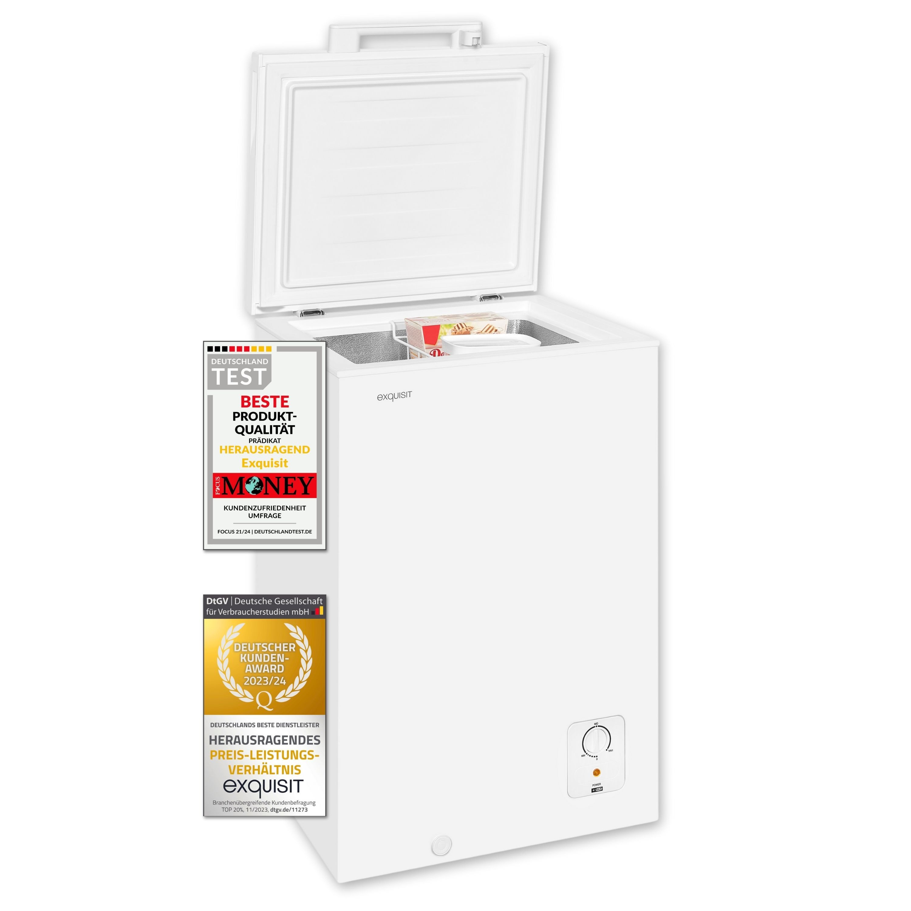 exquisit Gefriertruhe GT5100-010E, 54.6 cm breit, 95 l, 95 Liter, 4-Sterne-Gefrieren, 40 db, Einhängekorb, Kompakt