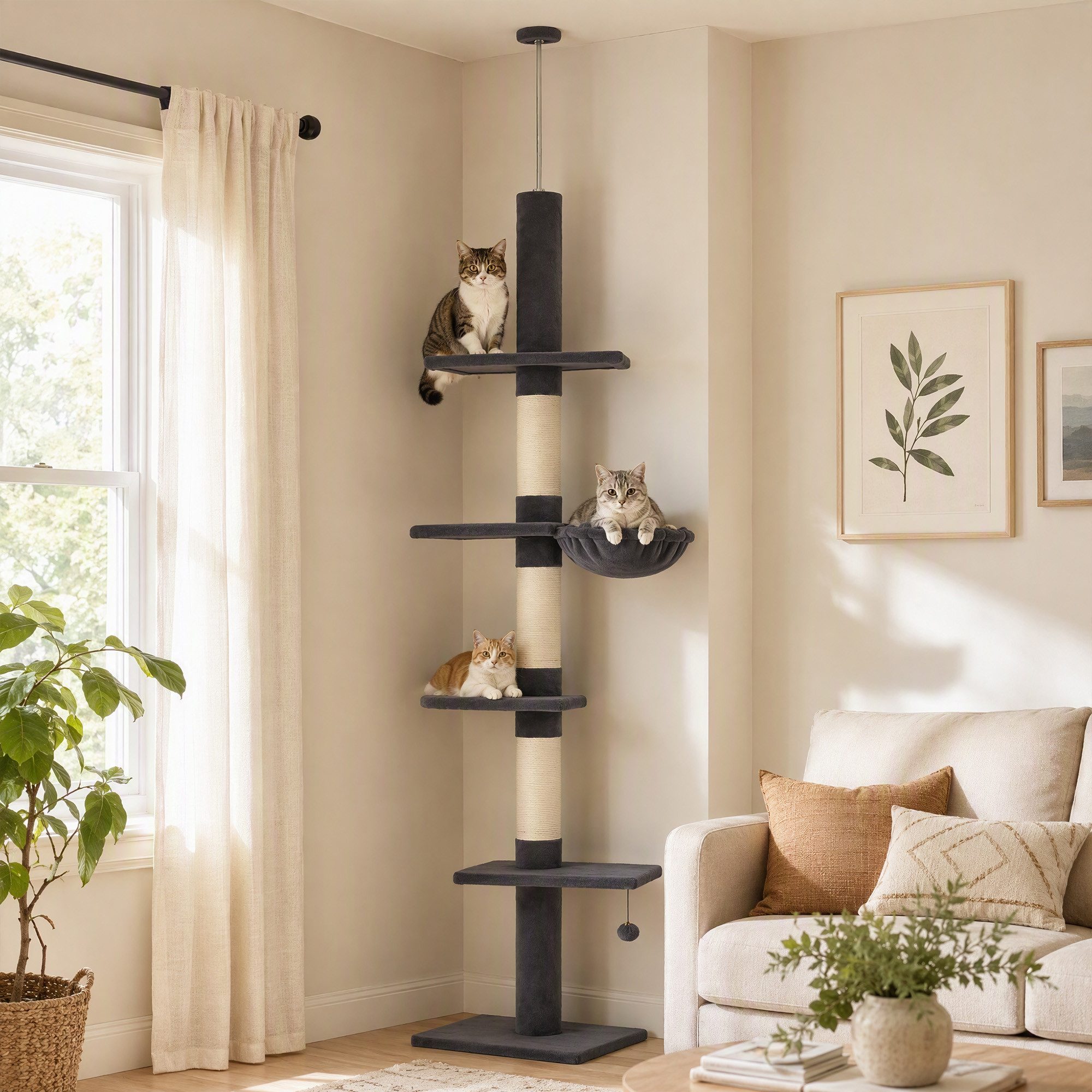 PawHut Kratzbaum Deckenhoch 225-255 cm höhenverstellbar Katzenbaum mit 5 Etagen, 3 dicke Sisal-Kratzstämmen, Hängematte, Plattformen & Spielball