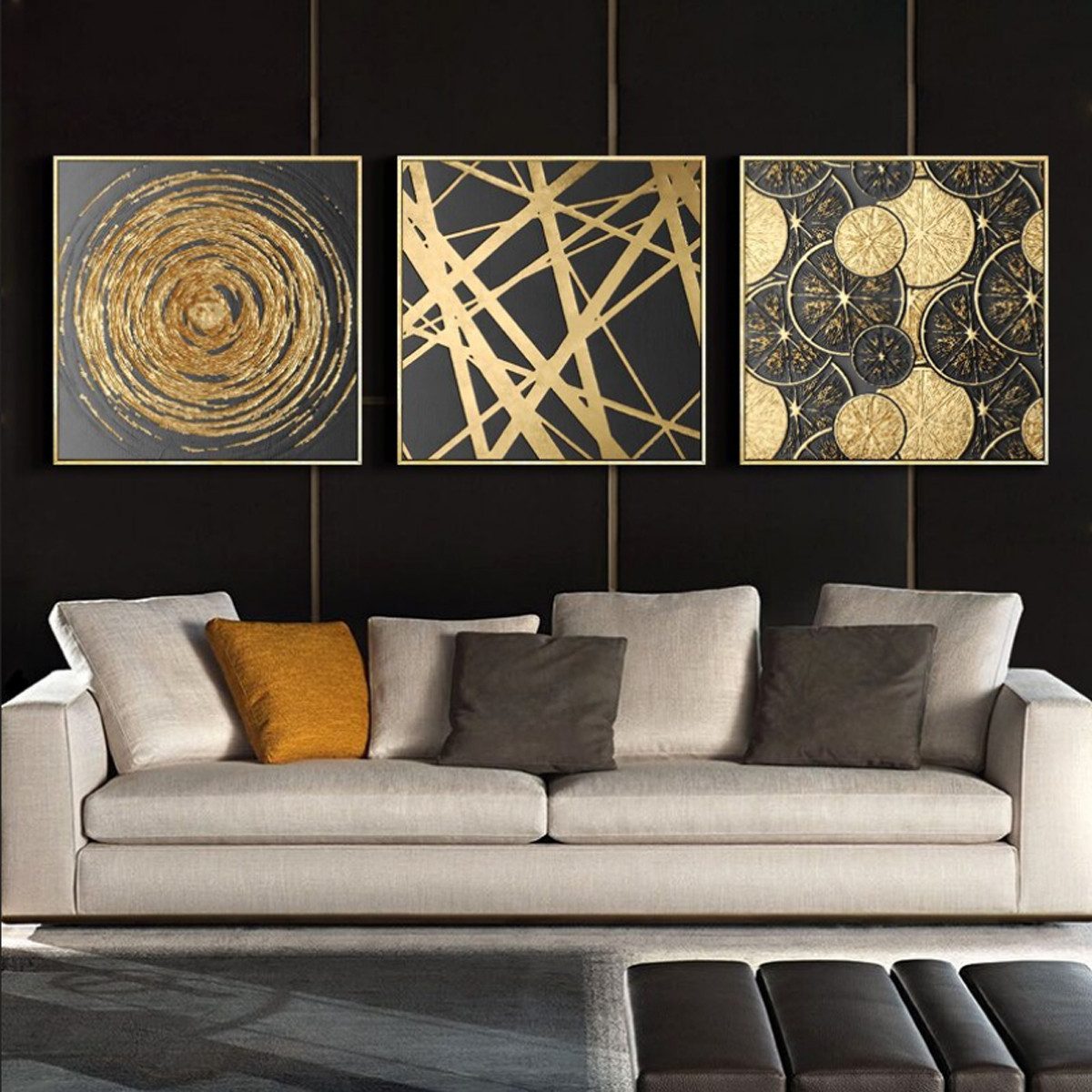 TPFLiving Kunstdruck (OHNE RAHMEN) Poster - Leinwand - Wandbild, Nordic Art - Abstrakte Quadrate - Bilder Wohnzimmer - (15 Motive in 4 verschiedenen Größen zur Auswahl), Farben: Schwarz und Gold - Größe: 60x60cm