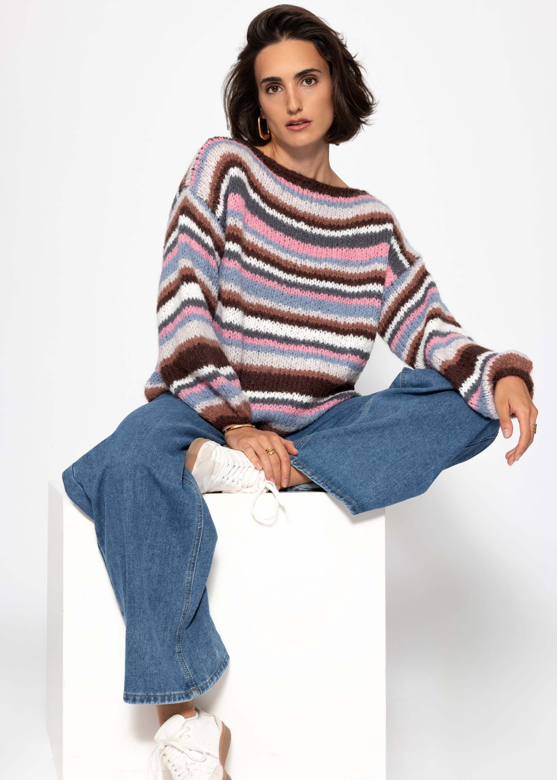 SASSYCLASSY Strickpullover Gestreifter Strickpullover für Damen Mehrfarbiger oversized Pullover in weicher Textur Orange Braun