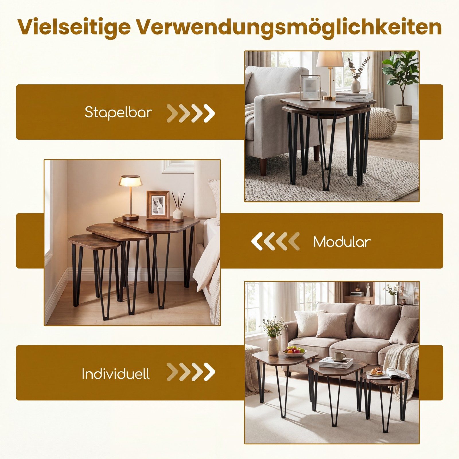 COSTWAY Beistelltisch (3er Set), Satztisch Couchtisch in 3 Größen platzsparend Stahl