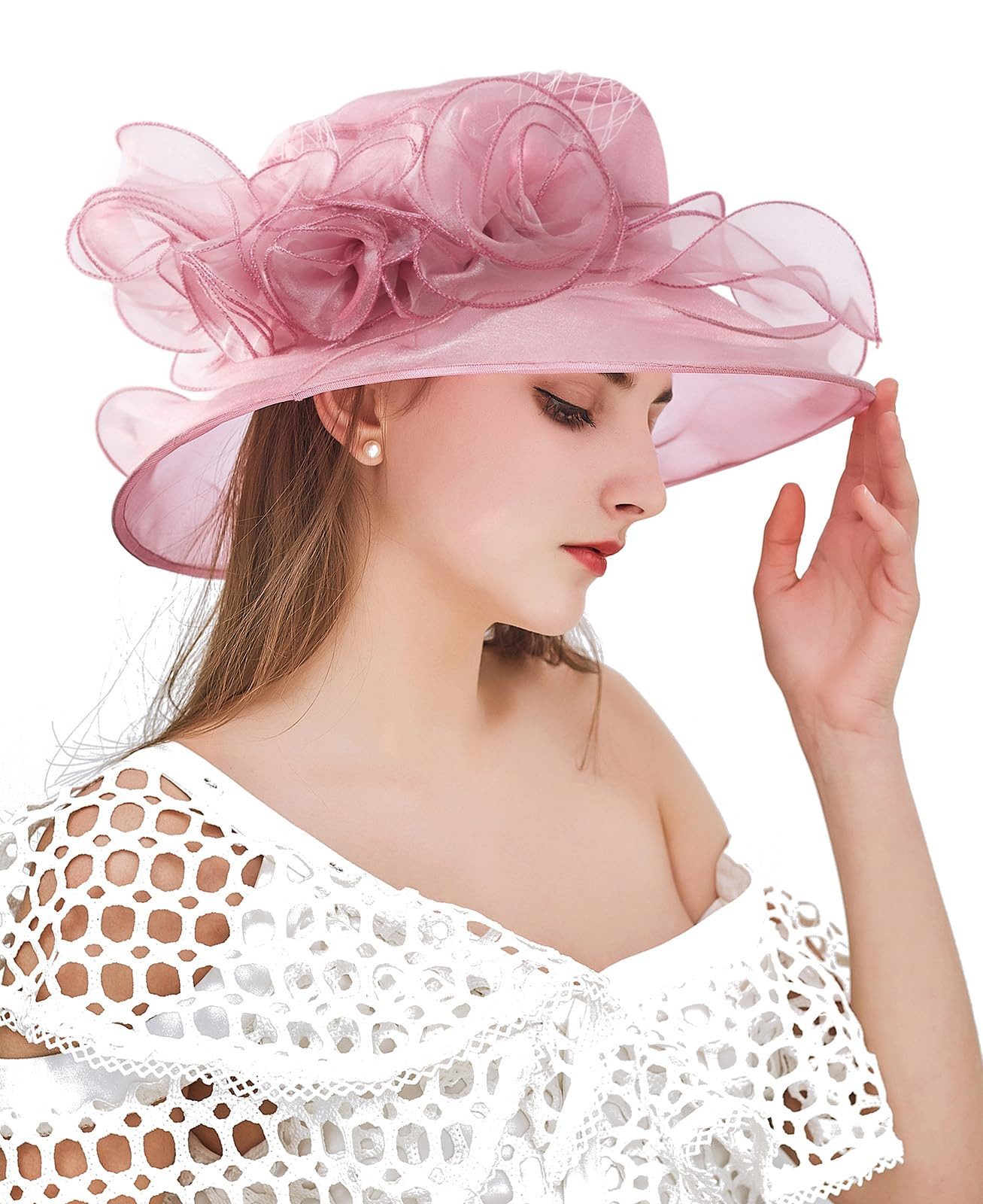 Bwecuy Sonnenhut Damenhut mit breiter Krempe, Blumen- und Blattdekor ideal für Hochzeit, Kirche und Tea Party – Bild 2 von 4