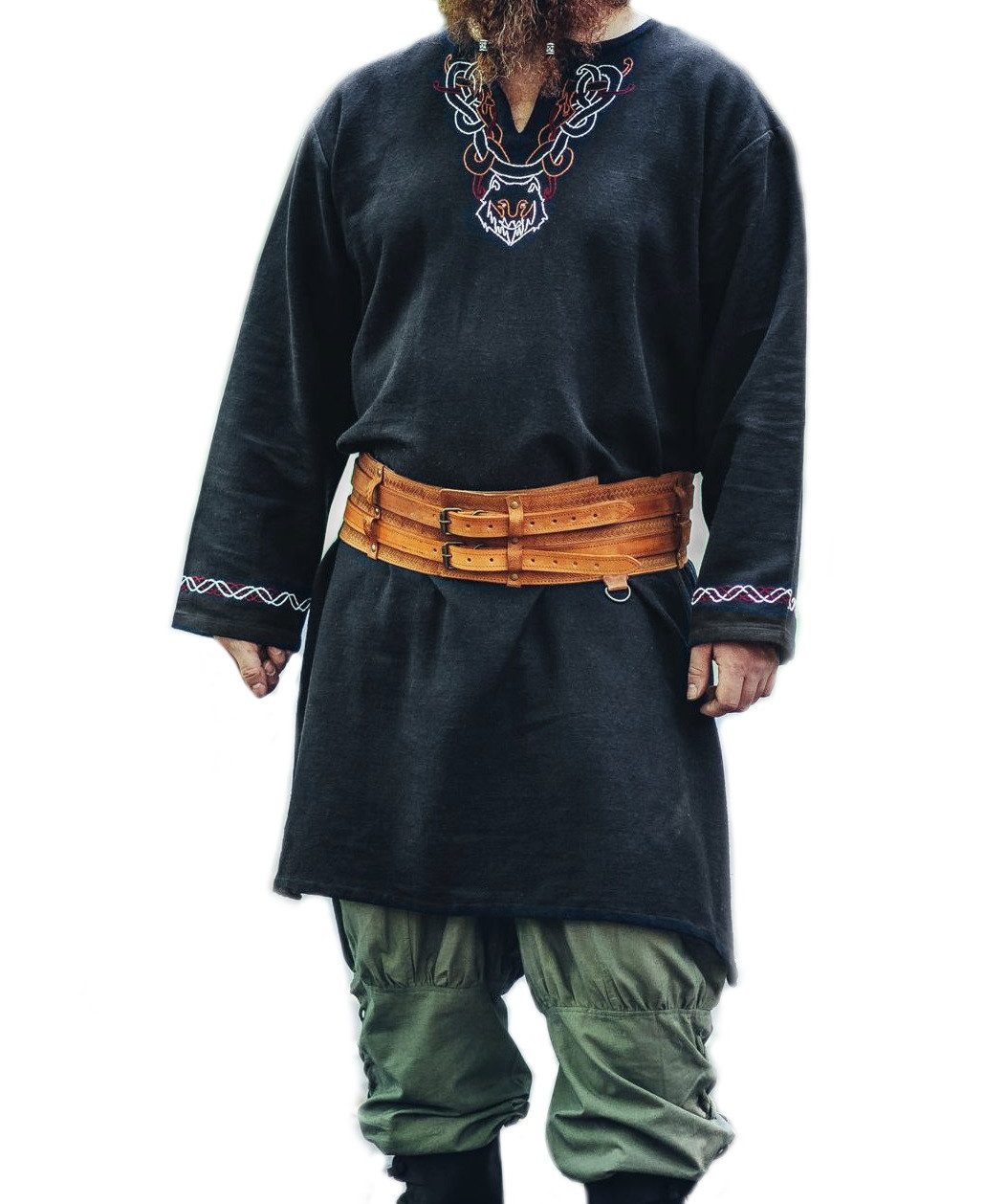 Leonardo Carbone Wikinger-Kostüm Tunika "Freki" mit Wolfsstickerei, grober Baumwollstoff, seitliche Schlitze