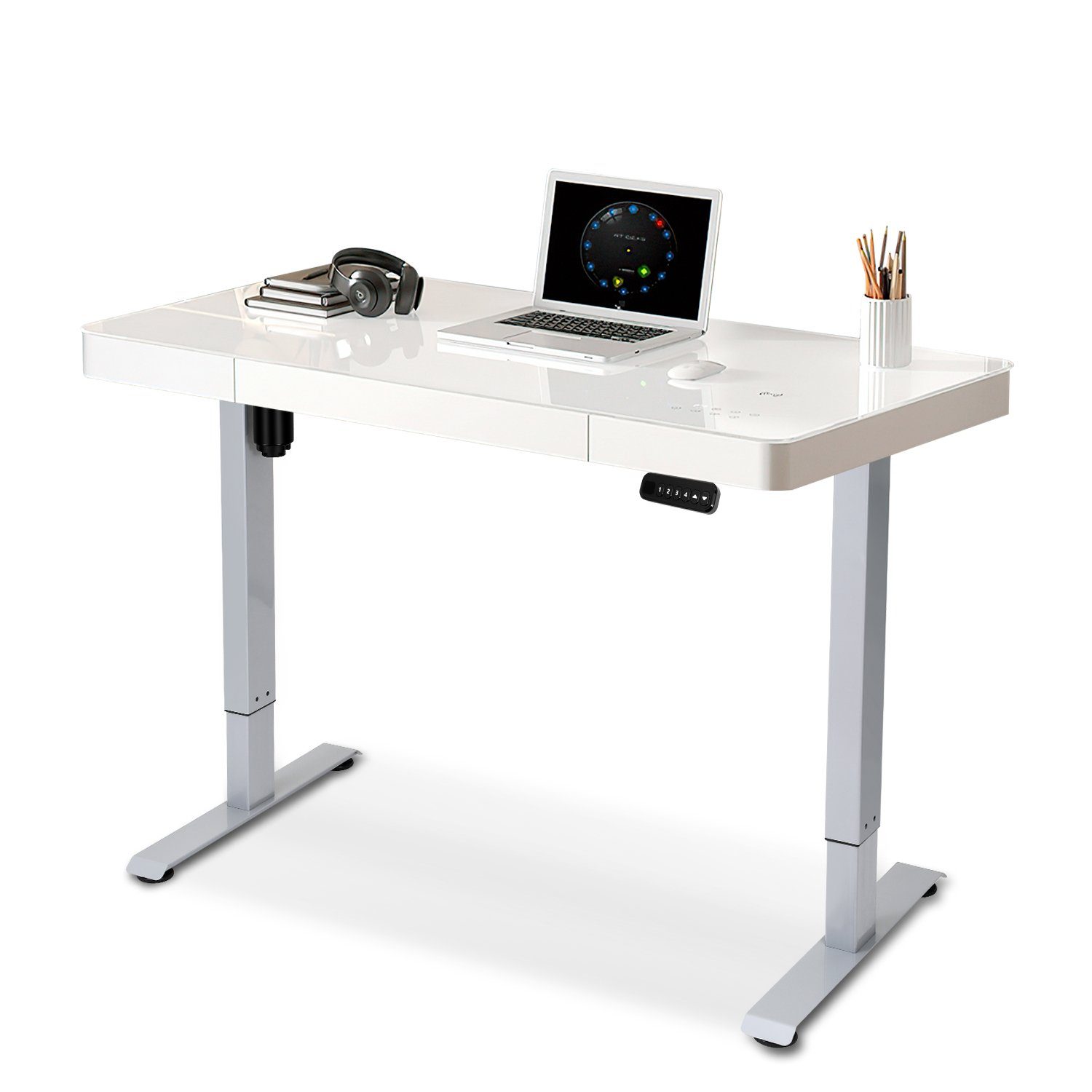 TolleTour Schreibtisch Höhenverstellbarer Schreibtisch Tischgestell bis belastbar 80kg Stahl (Spar-Set, 5-St., 1 Tisch), höhenverstellbarer 71-119 cm, 4-Memory-Funktion, Kollisionschutz Grau