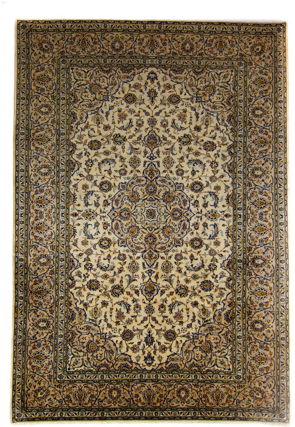 Wollteppich Keshan Medaillon Beige chiaro 345 x 245 cm, morgenland, rechteckig, Höhe: 10 mm, Unikat mit Zertifikat