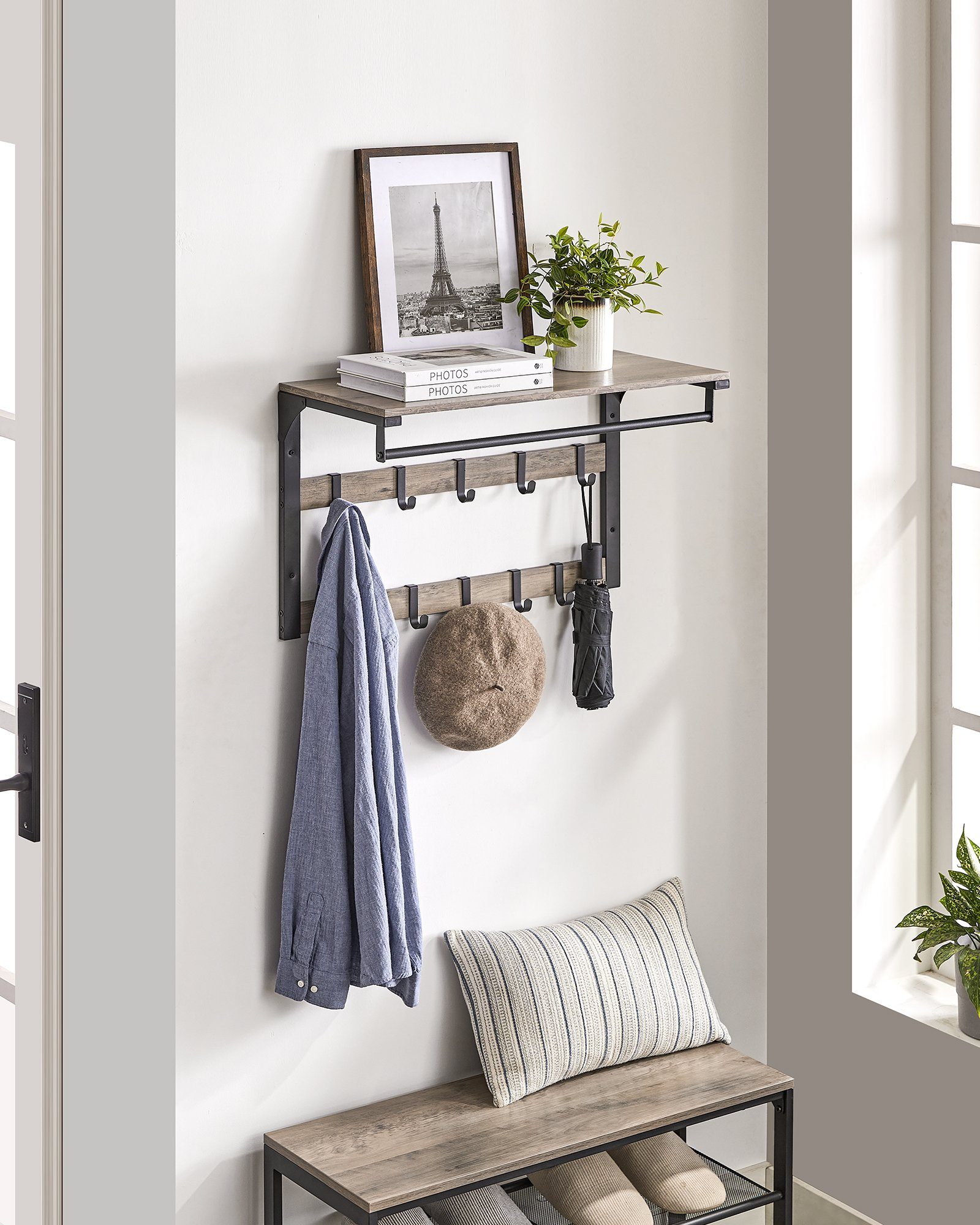 VASAGLE Wandgarderobe, Wandregal, mit Haken, 65 günstig online kaufen