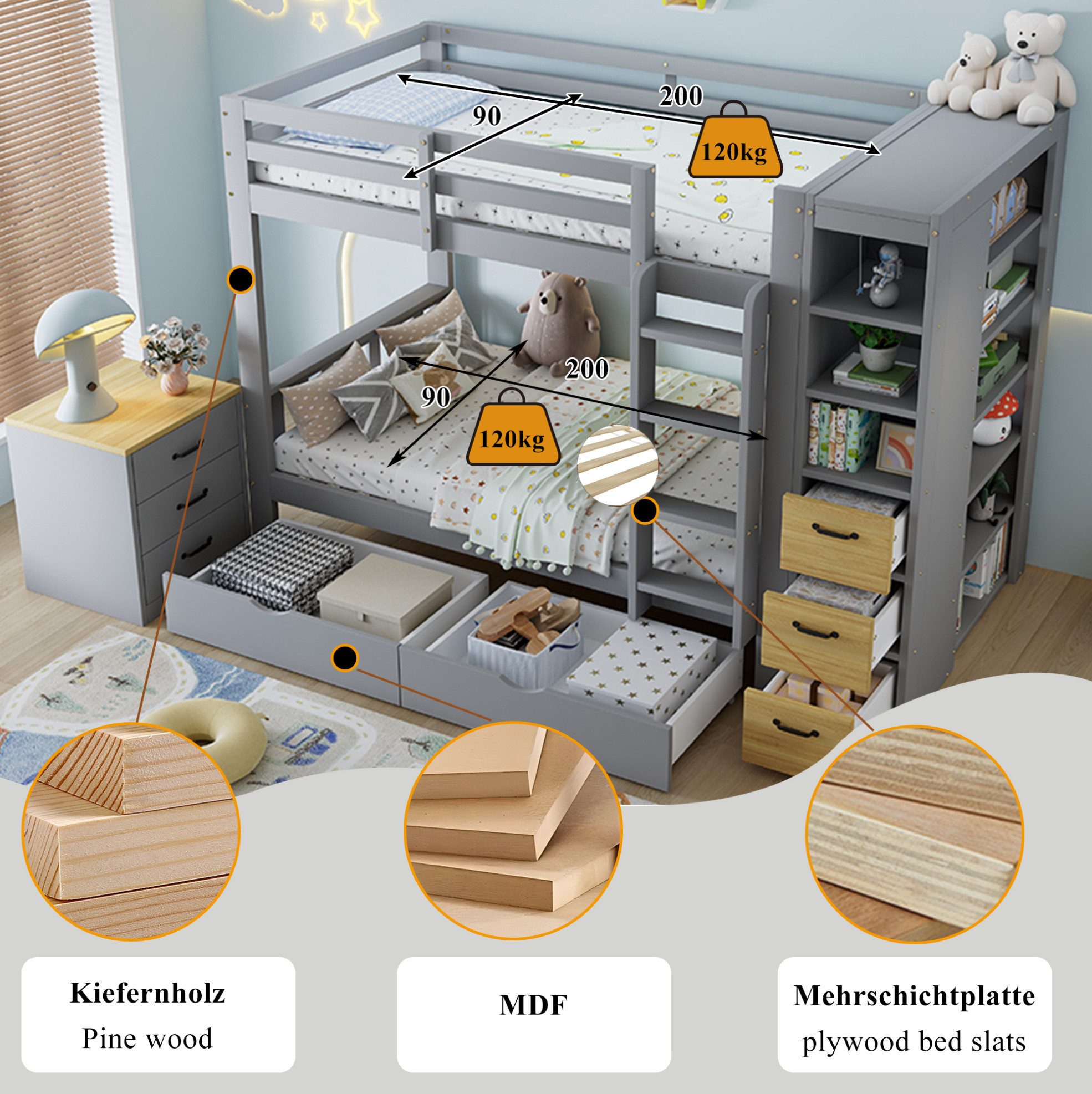 REDOM Etagenbett Kinderbett mit integriertem Stauraum, zwei Bettboxen, Stauraumbett (Holzbett 90x200 cm, mit Ablageregal, Schubladen und mobiler Nachttisch, Funktionsbett Jugendbett), ohne Matratze