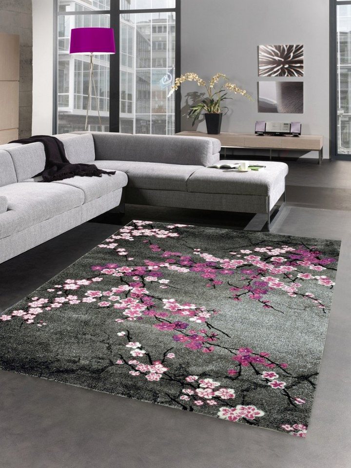 Teppich DESIGNER TEPPICH KURZFLOR BLUMEN GRAU PINK ROSA, Carpetia,  rechteckig, Höhe: 13 mm