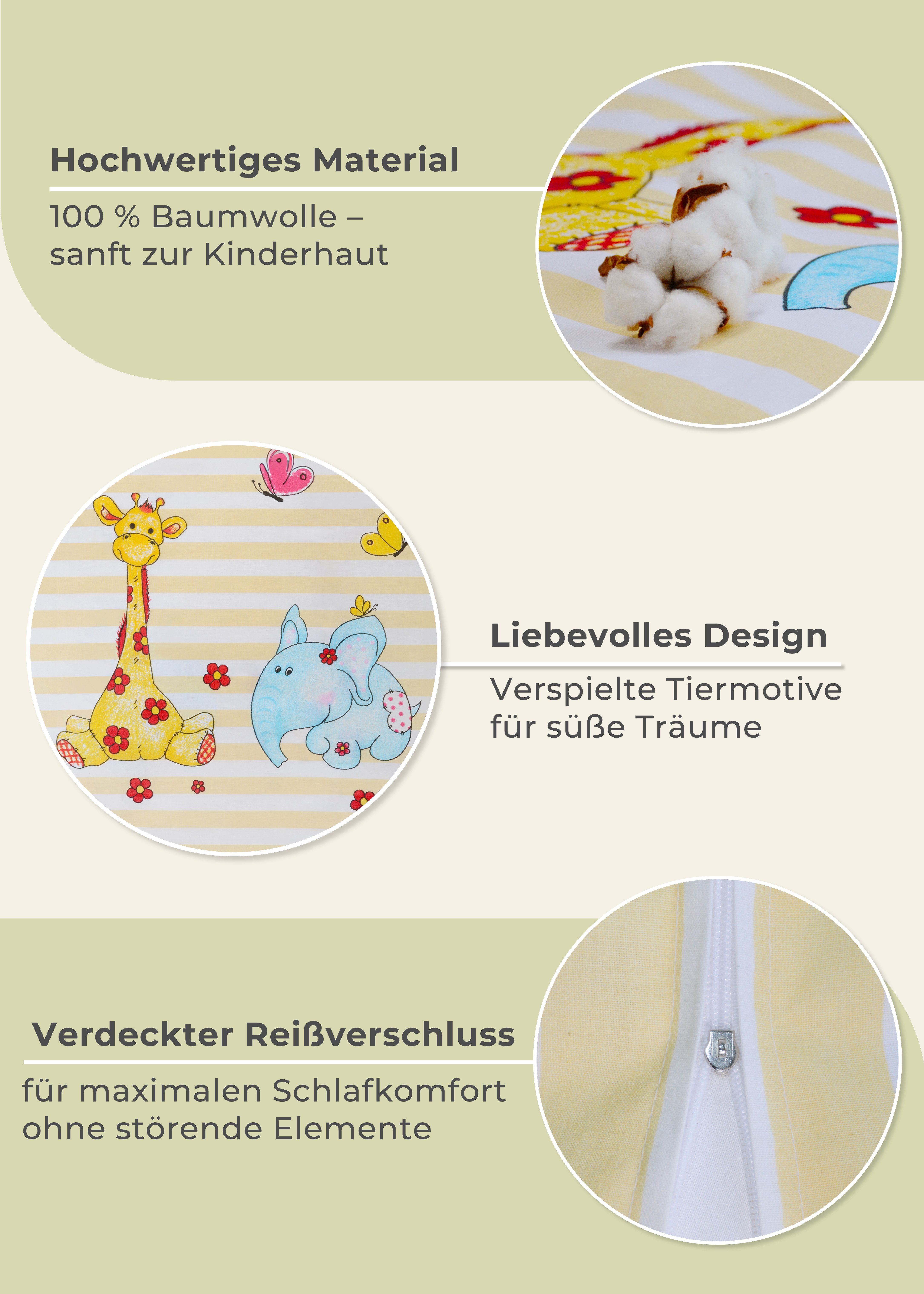 Gräfenstayn Kinderbettwäsche Set mit Tiermotiv und integriertem Reißverschluss - aus 100% Baumwolle, 2 teilig, Deckenbezug 135x100cm und Kissenbezug 60x40cm (Gi – Bild 4 von 5