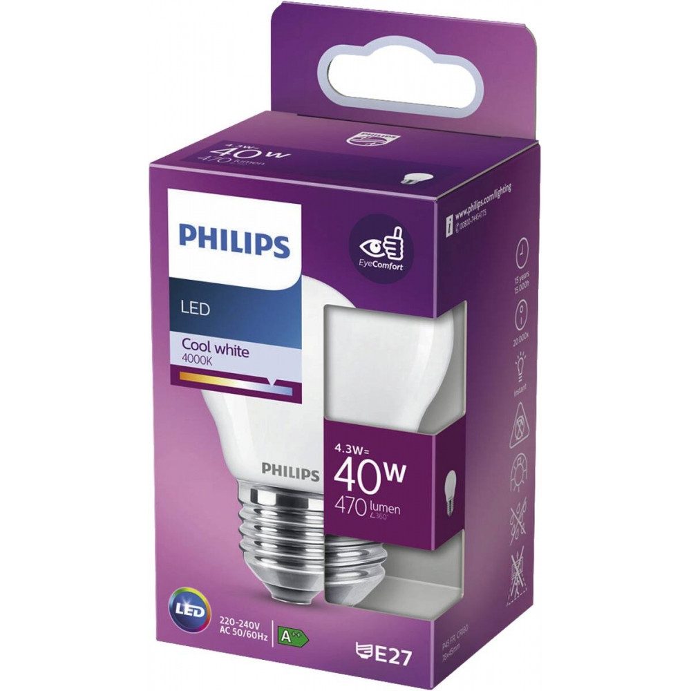 Philips LED Classic E27 Lampe – Ultraeffizient Mit Energieklasse A, Tropfenform, Ersetzt 40W, Neutralweiß & Klar