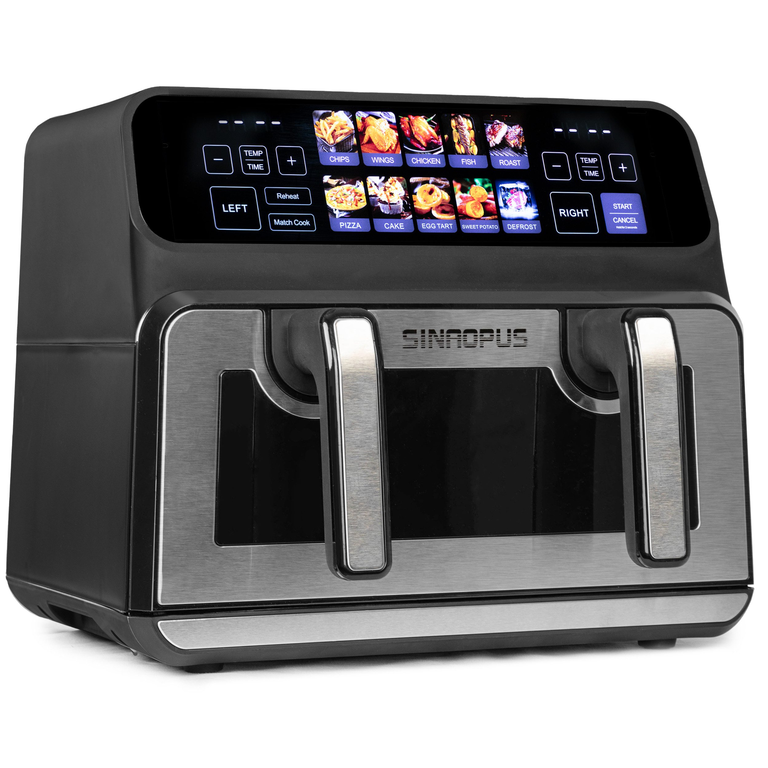 WHEELYOU Heißluftfritteuse 9L, 2200W Doppelkammer-Airfryer mit Farb-LED, Sichtfenster & 10 Programmen, 2200 W, 9L Airfryer mit 2×4,5L Körben, 50–200 °C, Timer & Innenlicht