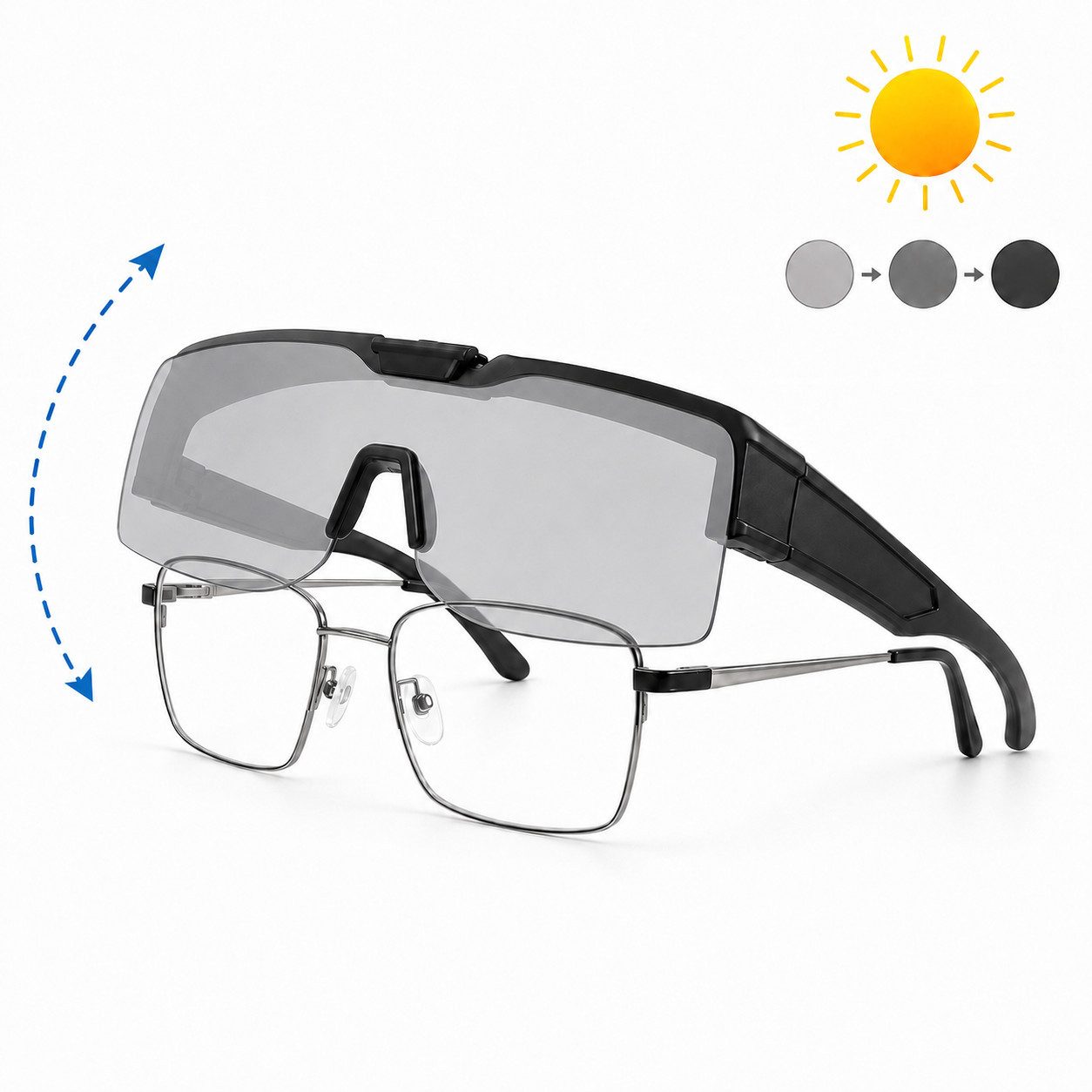 Fyrove Sonnenbrille Sonnenbrille Überziehbrille, selbsttönend, polarisiert 160° klappbar, für Brillenträger,Unisex, Schwarz