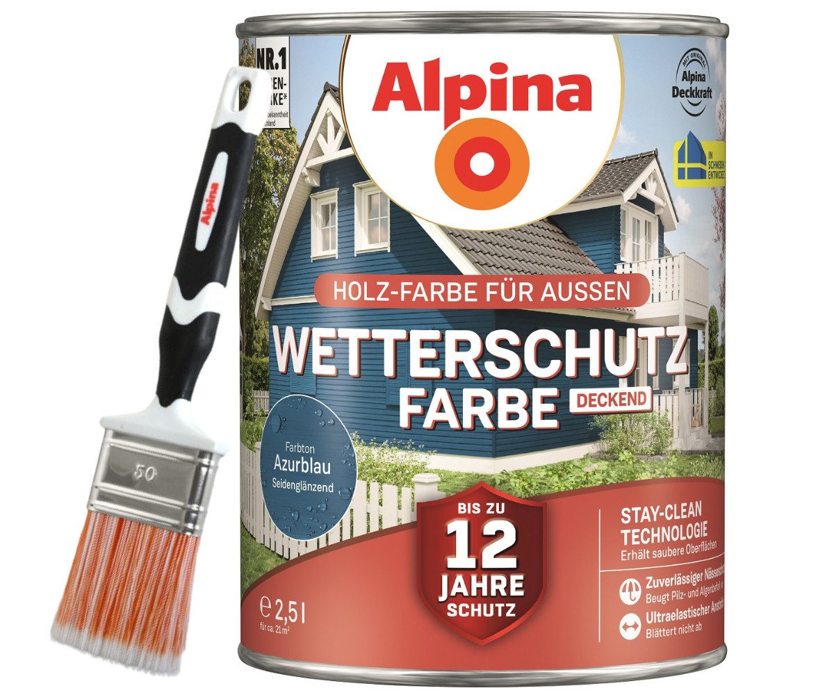 Alpina Holzschutzlasur - Set - Wetterschutz-Farbe deckend 2,5L + Pinsel 50mm