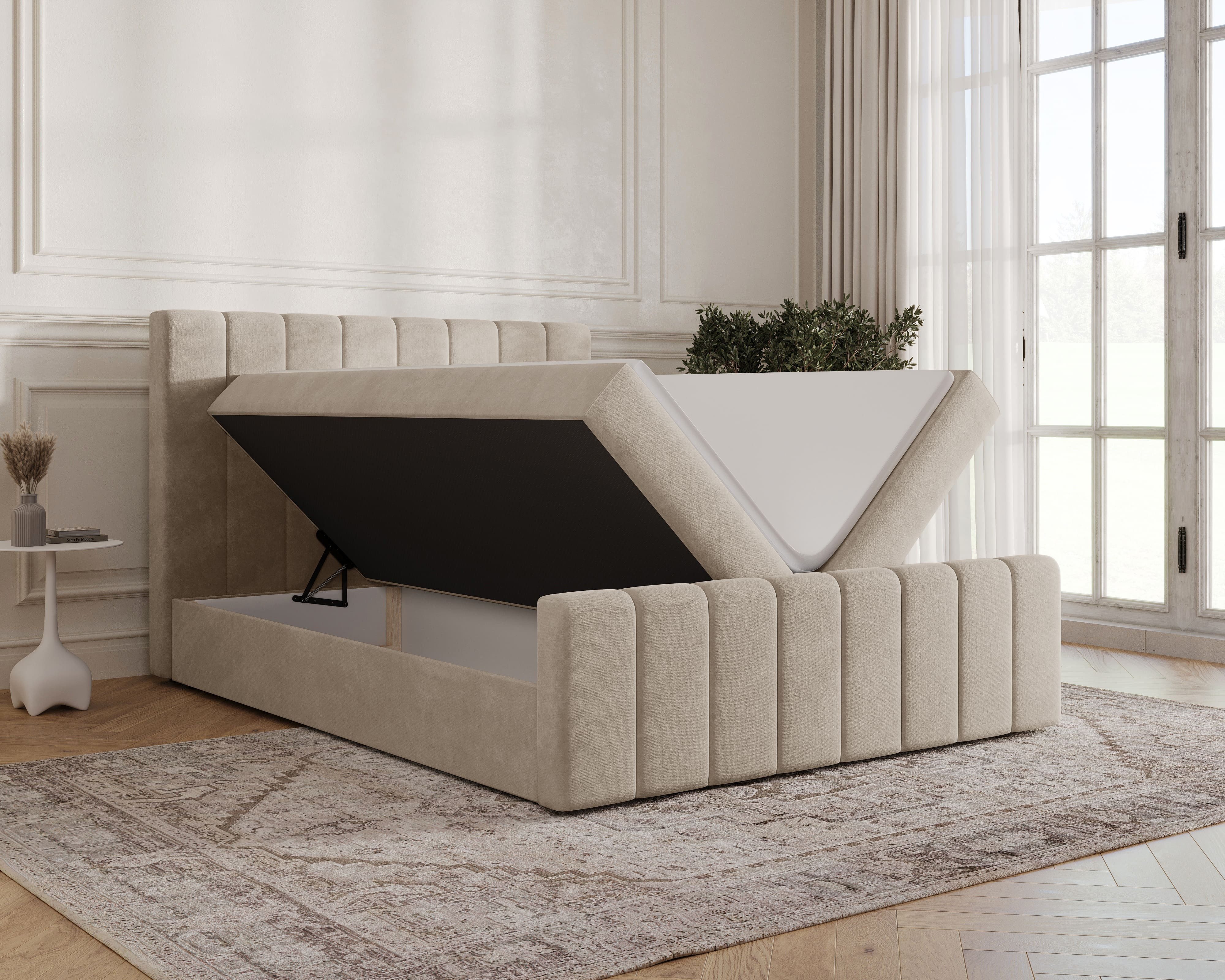 MOEBLO Boxbett BETT 01 BIS (Bonell, Topper, modernes Velours-Design mit Steppung & Stauraum, Doppelbett gepolstertes Kopfteil mit Bettkasten, aus Samt, Polsterbett Kontinentalbett, dekorativem Kopfteil, aus Samt), - (BxHxT):144/164/184x113x223 cm