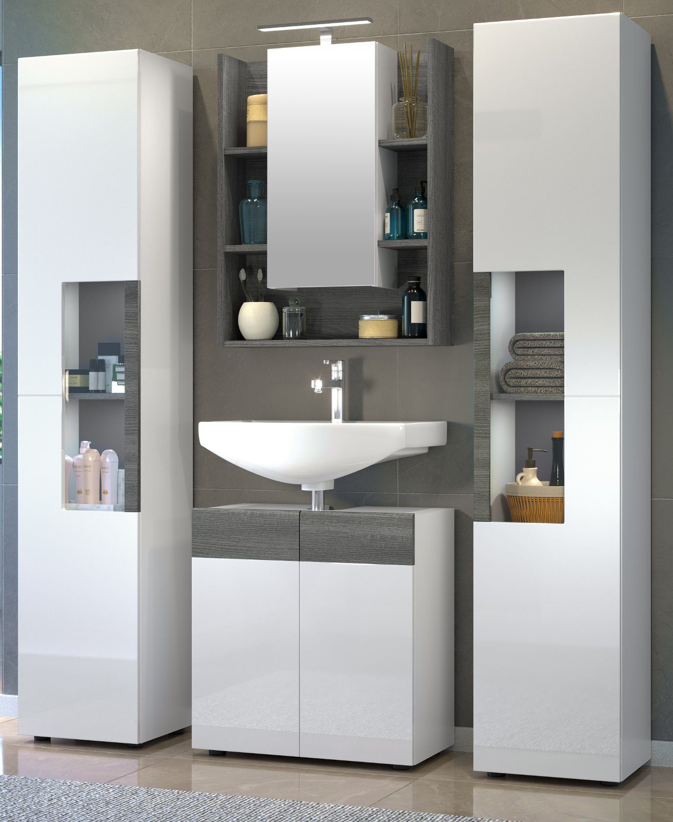 Spiegelschrank, Stauraum Hochglanz, viel 4-teilig, Daily, 2x weiß Hochschrank, (Komplett-Set trendteam Waschbeckenunterschrank), Badmöbel-Set mit