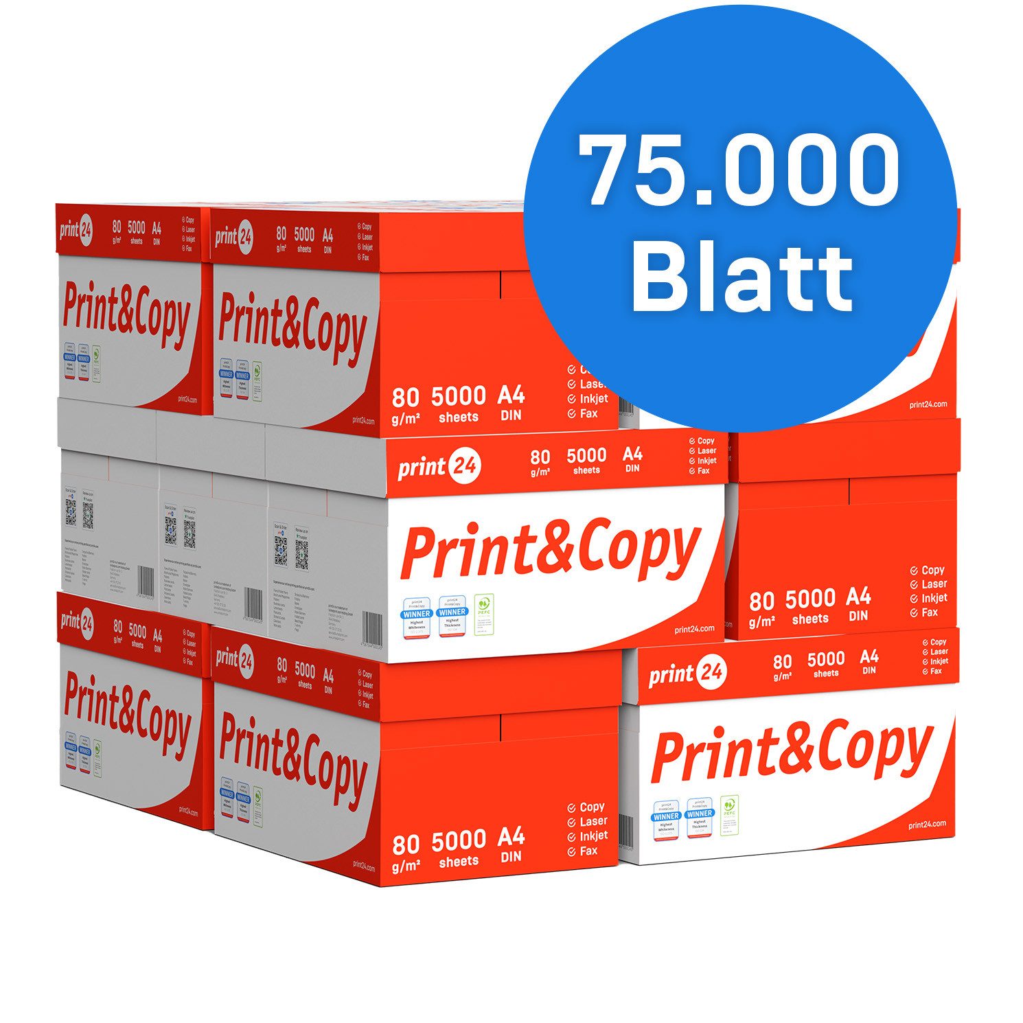 print24 Druckerpapier Kopierpapier 75000 Blatt A4 80g Premium Weiß Testsieger PEFC