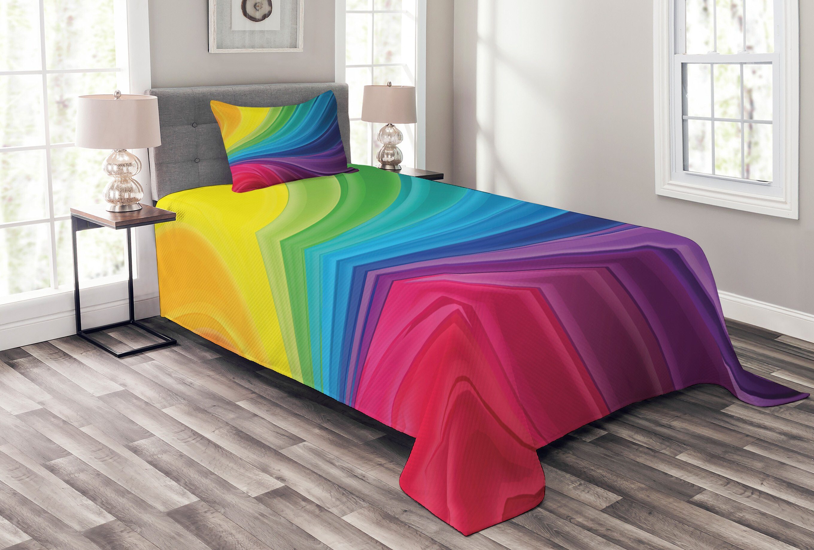 weiche Kissenbezügen Regenbogen mit Linien Abstrakte Abakuhaus, Set Tagesdecke Waschbar,