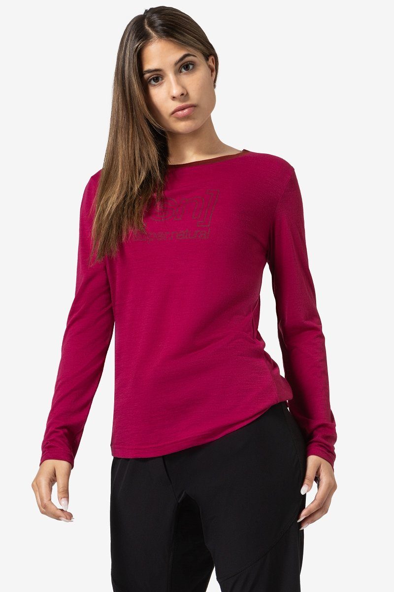 SUPER.NATURAL Langarmshirt Merino Longsleeve W THE ESSENTIAL LOGO LS feinster Merino-Materialmix Sangria/Sun Dried Tomato