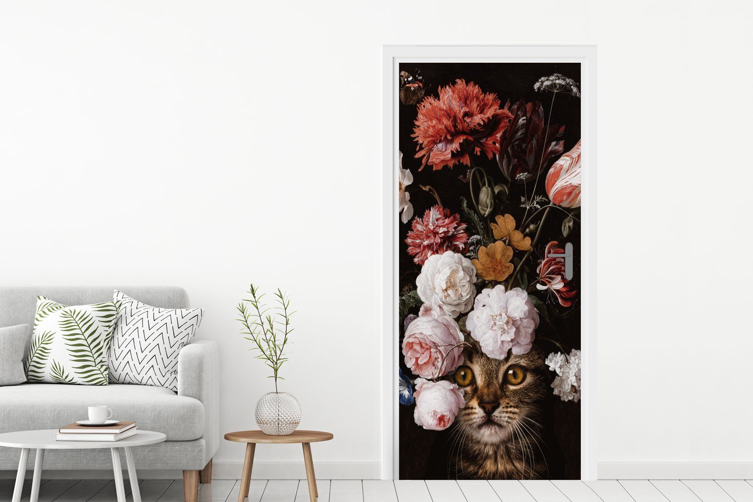 Türtapete MuchoWow Fototapete - (1 75x205 cm Tür, Kunst, St), bedruckt, Katze Türaufkleber, Matt, - für Blumen
