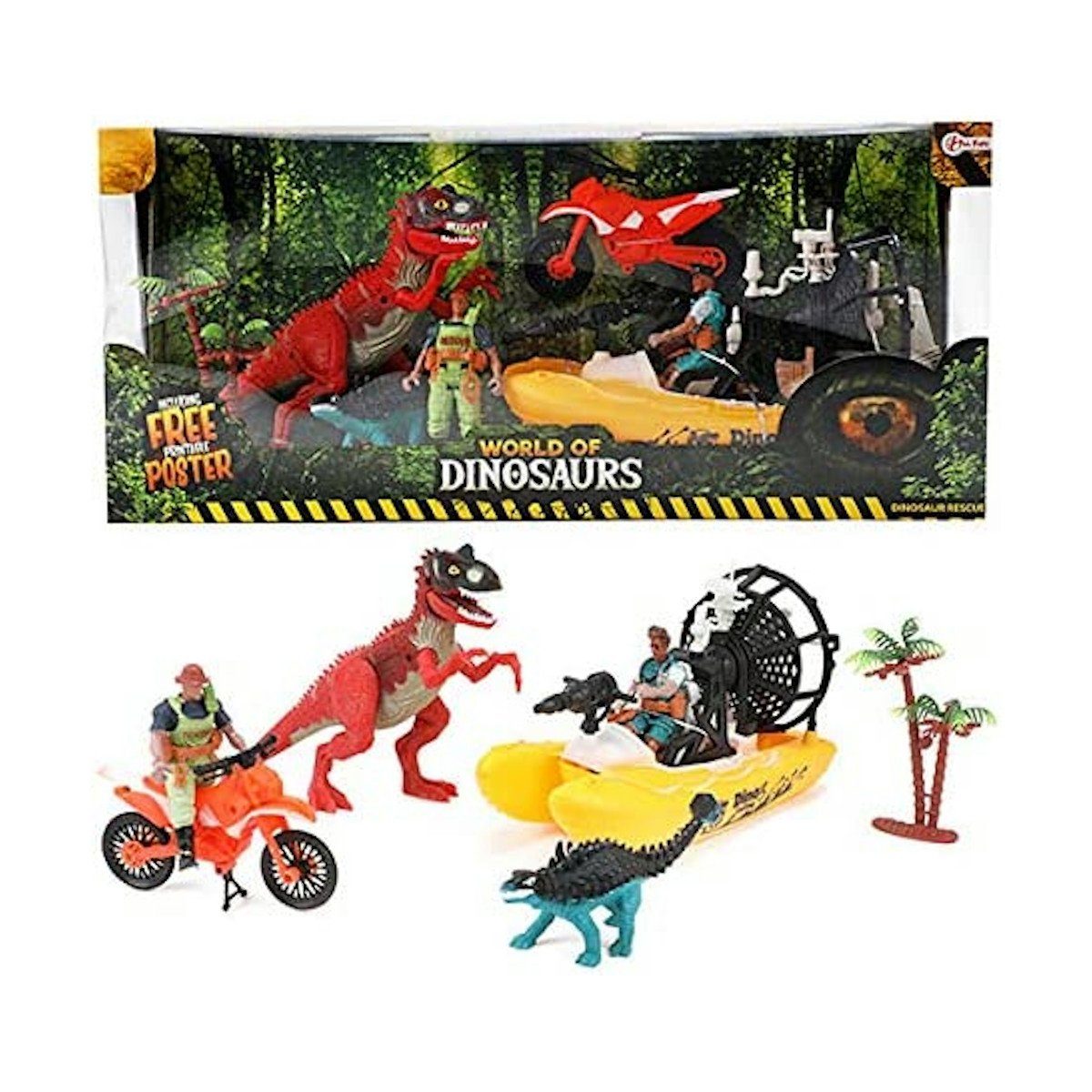 Spielzeug-Auto Spielfiguren Set - World of Dinosaurs (Boot, Dinos, Motorrad, Figuren)