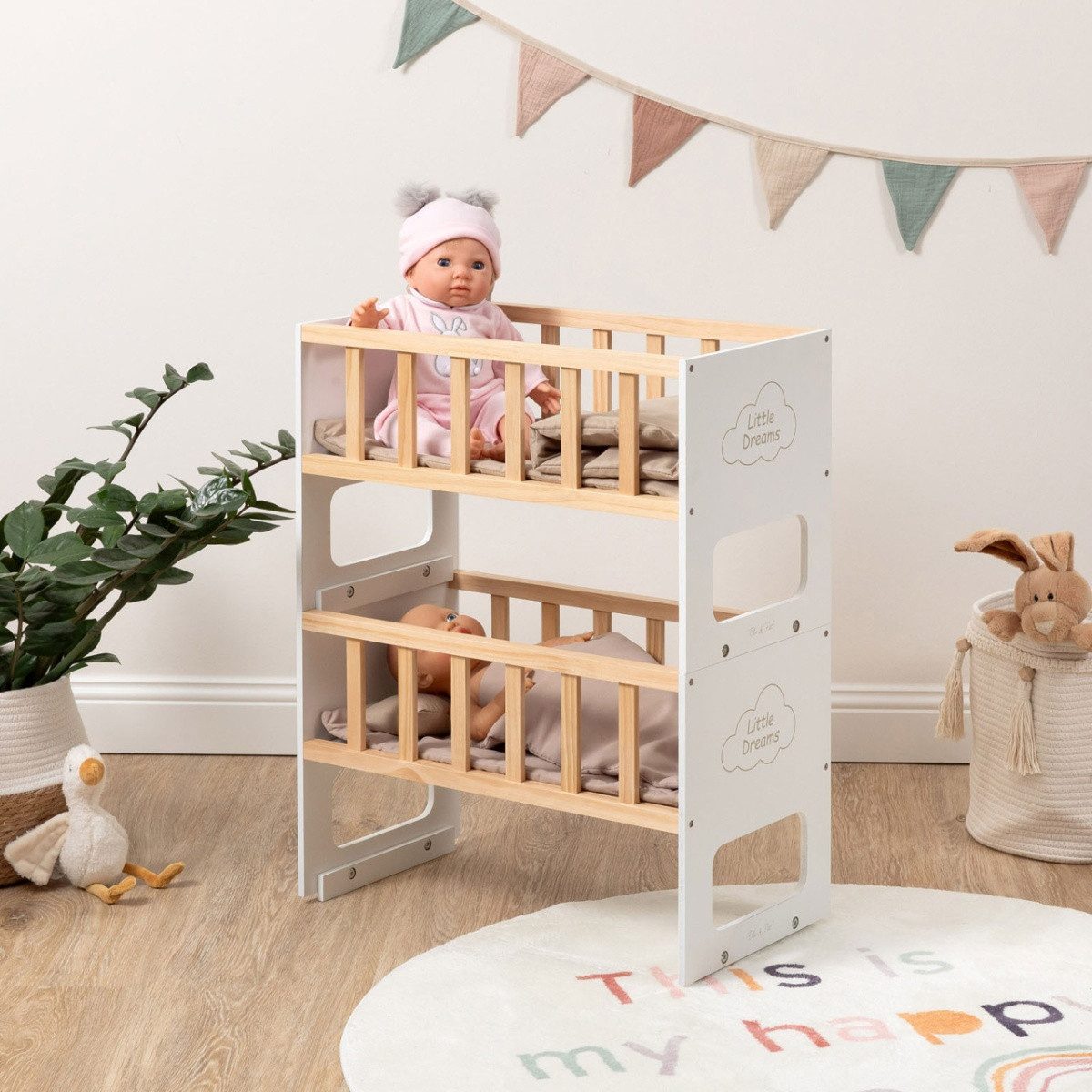 ELLA & PIET® Puppenbett Puppenetagenbett STOCKY TWO Stapelbar (Weiß-Schlamm)