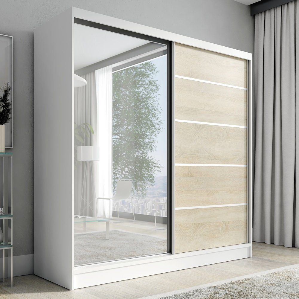 A&J MöbelLand GmbH Schiebetürenschrank KARO 1 2-türiger Kleiderschrank mit Spiegel und Kleiderstangen (TOP ANGEBOT! Geräumiger Schrank mit einer Breite von 200 cm und Spiegel, ideal zur Aufbewahrung von Kleidung und Accessoires. Viel Stauraum., TOP PRODUKT! Wählen Sie das ideale Modell für Ihr Schlafzimmer) Breite: 200 cm, Höhe: 215 cm, Tiefe: 59,5 cm