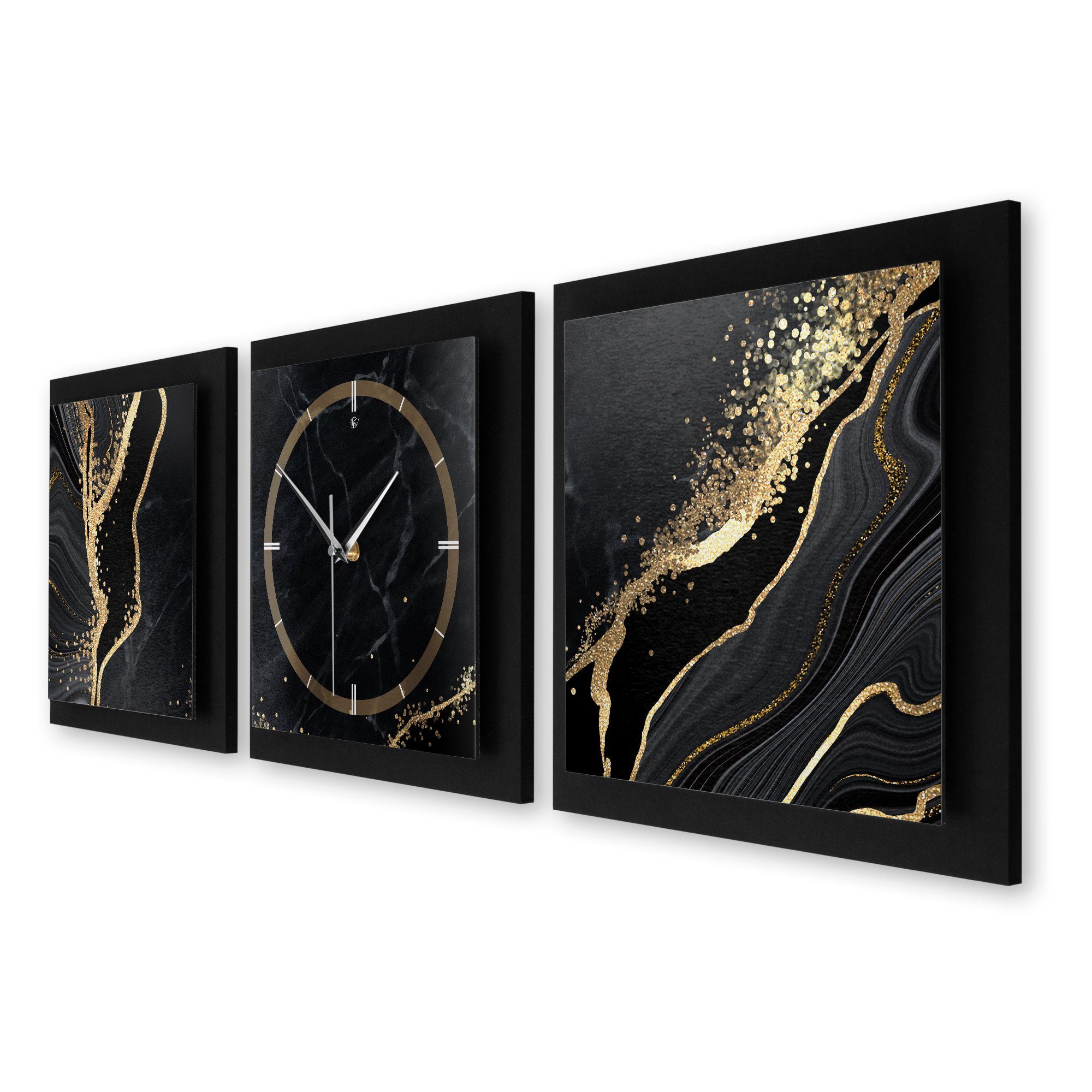 Gold Feder Ticken; Kreative oder modern) Black Funk- Marble 90x30cm Quarzuhrwerk; Wanduhr elegant, außergewöhnlich, (ohne & Querformat