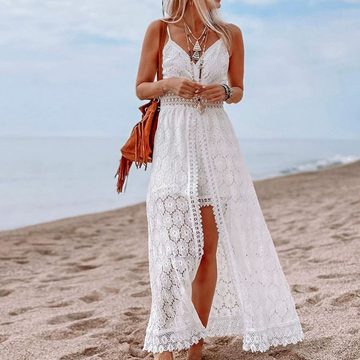 FIDDY Strandkleid Sommer Damen Sling Rüschenkleid V-Ausschnitt-Strandkleid